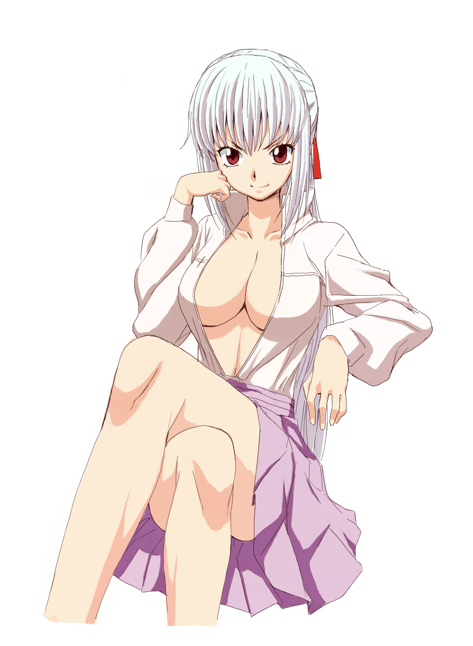 fujimoto satoru, tsubomi fujiko, zettai karen children, highres, 00s, 1girl, breasts, center opening, cleavage, crossed legs, female focus, head rest, large breasts, no bra, simple background, sitting, skirt, smile, solo