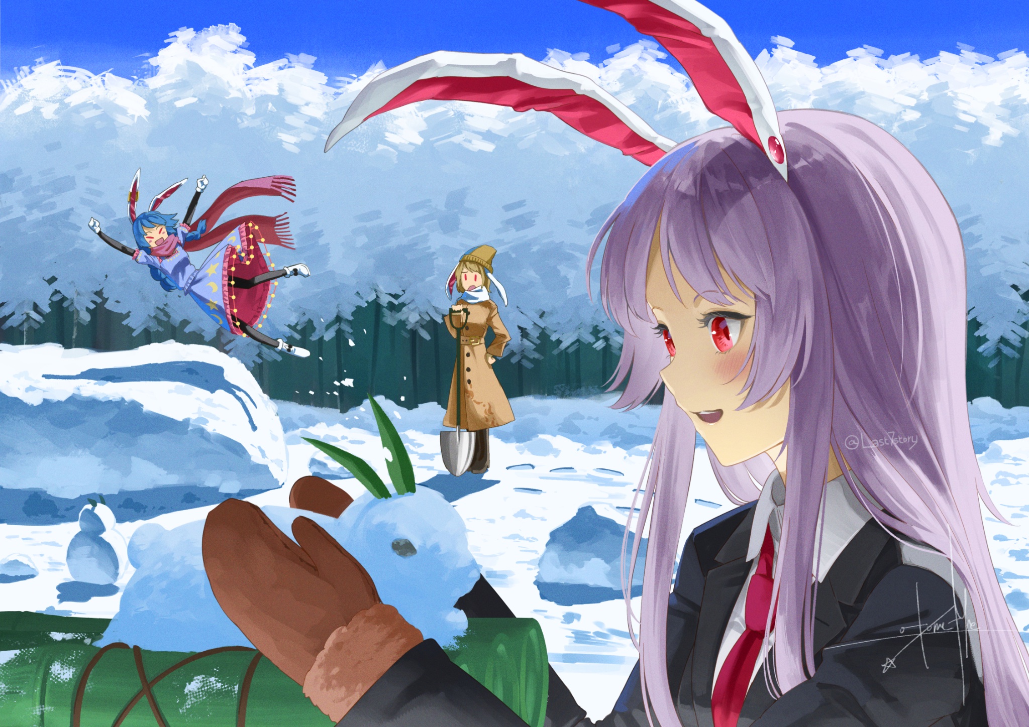 otomeza ryuseigun, reisen udongein inaba, ringo (touhou), seiran (touhou), touhou, highres, > <, 3girls, animal ears, black jacket, black leggings, blazer, blonde hair, blue dress, blue hair, blue sky, blush, brown coat, brown mittens, clenched hands, coat, collared shirt, day, dress, earclip, hand on own hip, holding, holding shovel, jacket, jumping, leggings, long hair, long sleeves, looking at another, looking at object, mittens, multiple girls, necktie, outdoors, playing, puffy short sleeves, puffy sleeves, purple hair, rabbit ears, rabbit girl, red eyes, red necktie, red scarf, scarf, shadow, shirt, short sleeves, shovel, sky, snow, snow rabbit, snowman, twitter username, white scarf, winter, winter clothes, winter coat