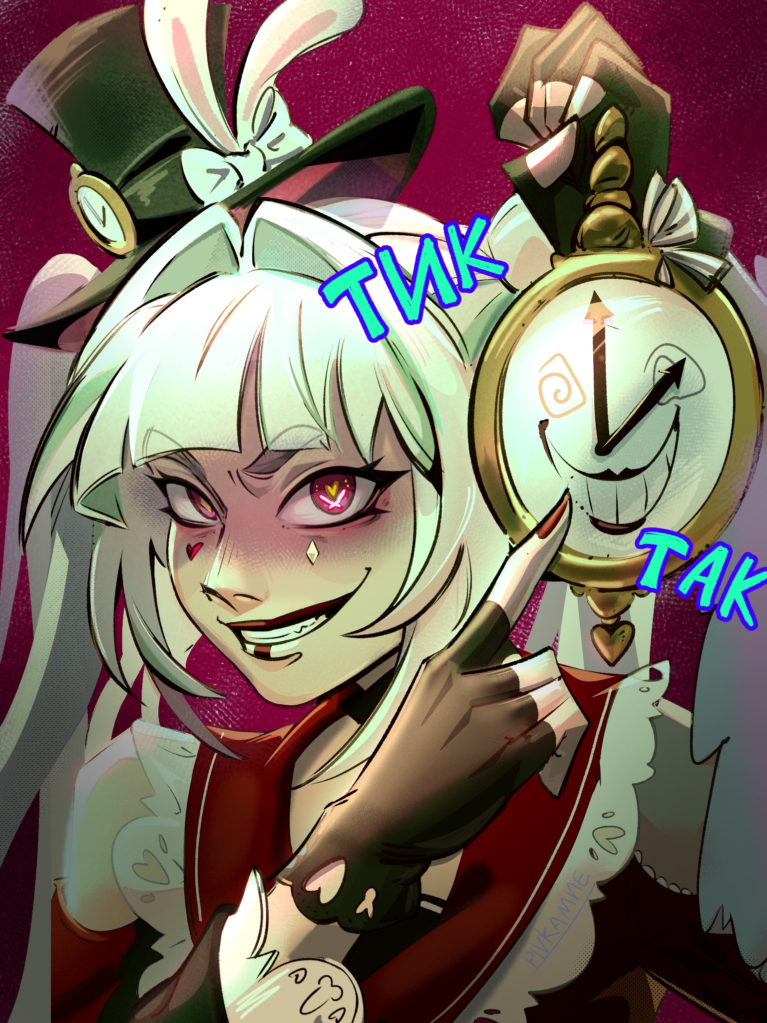 sparkle (honkai: star rail), sparxie (honkai: star rail), alice's adventures in wonderland, honkai: star rail, honkai (series), commentary, english commentary, highres, 1girl, bare shoulders, black gloves, black hat, clock, fingerless gloves, gloves, hair intakes, hat, holding clock, meme, mini hat, mini top hat, nail polish, parody, pivkamne, pointing, purple eyes, red nails, solo, top hat, upper body, white hair, white rabbit pointing at a clock (meme)