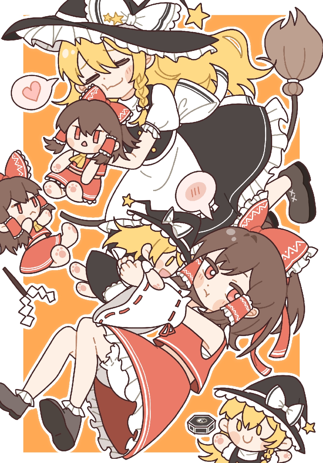 hakurei reimu, kirisame marisa, touhou, chinese commentary, commentary request, highres, 2girls, apron, back bow, black hat, black skirt, black vest, blonde hair, bloomers, bow, braid, broom, brown hair, character doll, closed eyes, closed mouth, detached sleeves, doll, frilled bow, frilled hair tubes, frilled skirt, frills, gohei, hair bow, hair tubes, hat, hat bow, hat ornament, heart, long hair, mini-hakkero, multiple girls, pout, red bow, red eyes, red skirt, ribbon-trimmed sleeves, ribbon trim, side braid, single braid, skirt, skirt set, smile, spoken blush, spoken heart, star (symbol), star hat ornament, tsundere, underwear, very long hair, vest, white apron, white bloomers, white bow, witch hat, yuban 10330, yuri