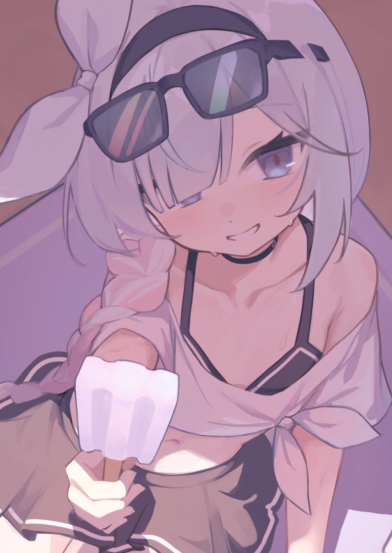 klaius, plana (blue archive), blue archive, commentary, english commentary, 1girl, alternate costume, alternate hairstyle, armpit crease, bikini, bikini skirt, black bikini, black choker, black hairband, black skirt, bow, braid, choker, collarbone, cowboy shot, eyewear on head, flat chest, food, from above, grey eyes, grin, hair bow, hair over one eye, hair over shoulder, hairband, holding, holding food, holding popsicle, incoming food, long bangs, long braid, long hair, looking at viewer, midriff, miniskirt, navel, off shoulder, petite, pleated skirt, popsicle, red pupils, shirt, single braid, sitting, skirt, smile, solo, sunglasses, sweat, swimsuit, tied shirt, underlighting, white bow, white shirt