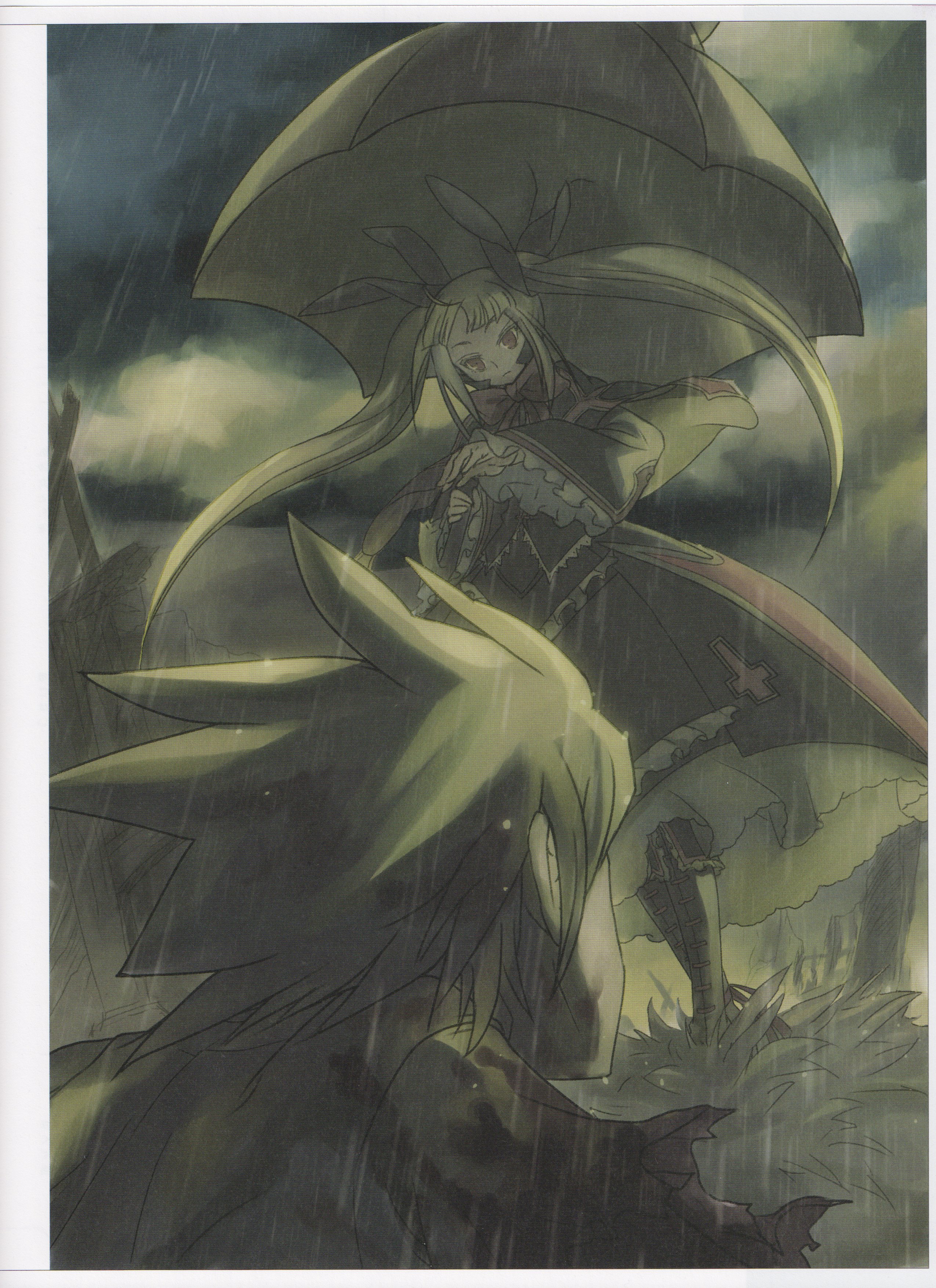 nago, rachel alucard, ragna the bloodedge, arc system works, blazblue, black legwear, frilled legwear, silver hair, absurdres, highres, official art, scan, blonde hair, blood, boots, from below, gothic lolita, lolita fashion, long hair, outdoors, rain, red eyes, ribbon, ruins, spiked hair, twintails, umbrella, vampire