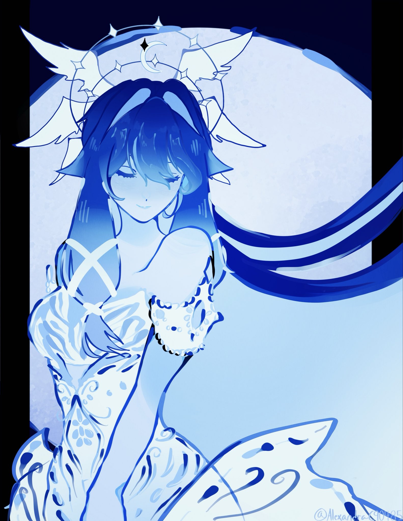 columbina (genshin impact), genshin impact, highres, 1girl, alexandrac90485, alternate costume, black border, border, closed eyes, dress, feathered wings, halo, head wings, long hair, moon, multiple wings, smile, solo, twitter username, very long hair, white dress, white wings, wings