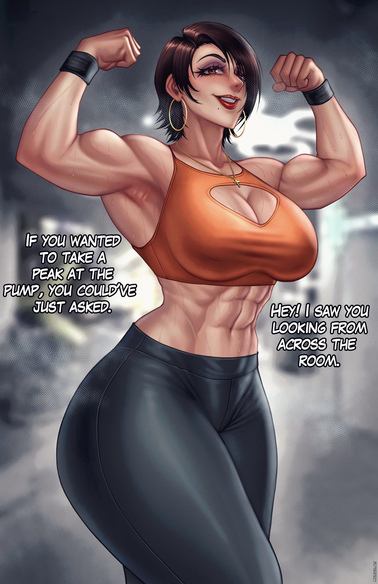 noriakis art, highres, 1girl, abs, armpits, arms up, blurry, blurry background, blush, brown hair, chain, cleavage cutout, clothing cutout, cross, earrings, english text, grey background, jewelry, lips, muscular, muscular female, necklace, one eye covered, pants, red eyes, short hair, smile, sports bra, sportswear, sweat, tomboy