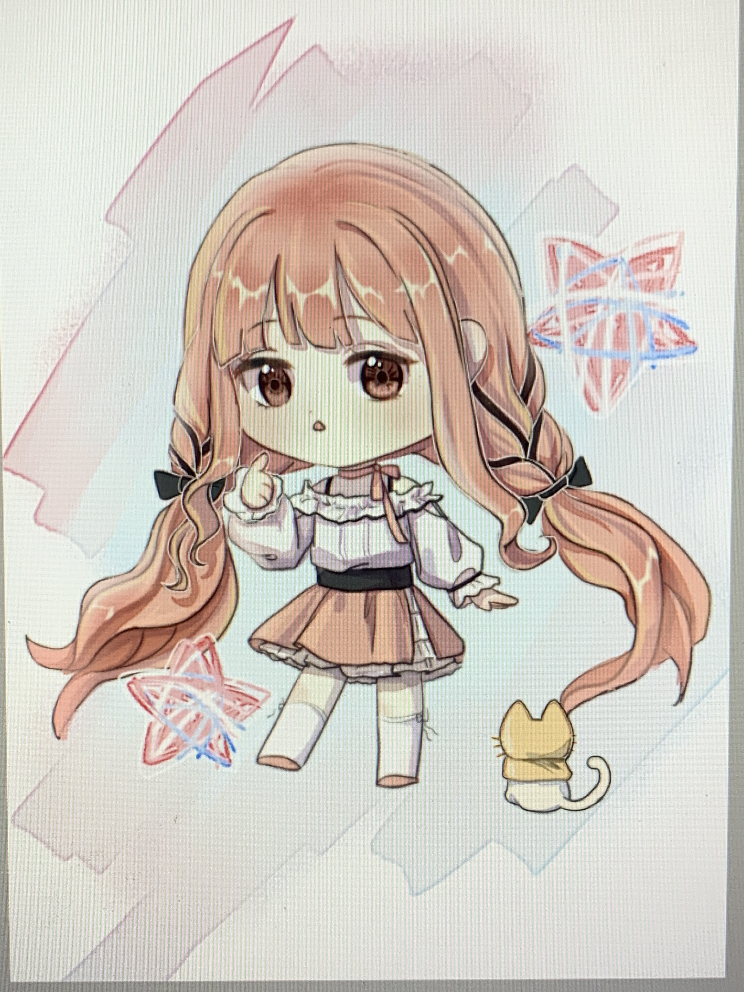 haiyang liuhuo, momo (nikki), nikki (nikki), perfect start (infinity nikki), whimstar (infinity nikki), infinity nikki, nikki (series), absurdres, chinese commentary, commentary request, highres, photo (medium), variant set, 1girl, :o, animal, art program in frame, belt, black belt, black bow, black ribbon, blunt bangs, bow, bow choker, bowtie, bra strap, brown eyes, cat, chibi, choker, cloak, clothed animal, colorful background, dot nose, ear covers, expressionless, eyelashes, frilled shirt, frilled skirt, frilled sleeves, frills, from behind, hair bow, hair ribbon, hood, hood up, hooded cloak, kneehighs, layered skirt, light blush, long hair, long sidelocks, long sleeves, low twintails, medium skirt, on head, open mouth, pink bow, pink bowtie, pink choker, pink hair, pink shoes, pink skirt, pleated skirt, puffy long sleeves, puffy sleeves, ribbon, ribbon legwear, shirt, shoes, sidelocks, skirt, socks, star (symbol), tress ribbon, twintails, very long hair, wavy hair, whiskers, white cat, white shirt, white skirt, white socks, yarn, yellow cloak