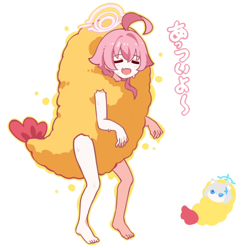 ideolo, hoshino (blue archive), shiroko (blue archive), blue archive, translation request, 2girls, = =, ahoge, bare arms, barefoot, chibi, chibi inset, closed eyes, fang, food, full body, halo, hot, like and redraw challenge, long hair, multiple girls, open mouth, outline, pink hair, shrimp, shrimp tempura, simple background, skin fang, solo focus, sweat, tempura, tempura costume, white background, yellow outline