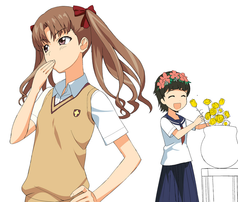 a1 (initial-g), shirai kuroko, uiharu kazari, toaru kagaku no railgun, toaru majutsu no index, 00s, 2girls, female focus, flower, head wreath, multiple girls, school uniform, serafuku, simple background, twintails, vest