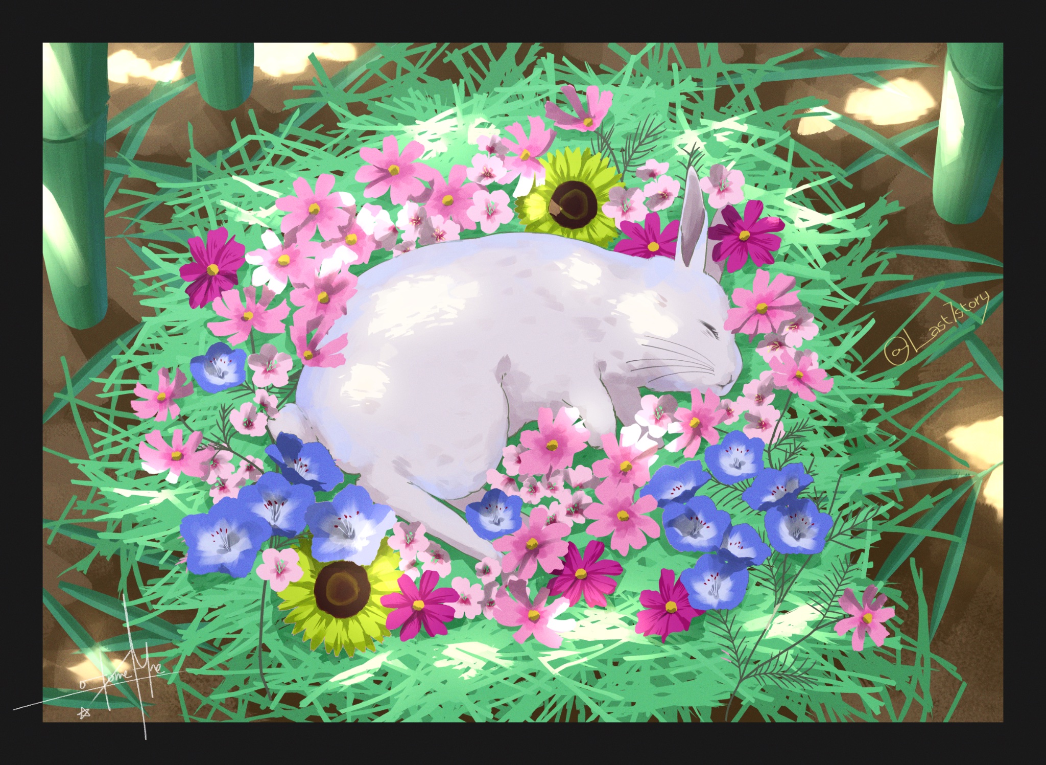 otomeza ryuseigun, touhou, highres, animal focus, bamboo, blue flower, closed eyes, day, flower, grass, on grass, pink flower, purple flower, rabbit, sunflower, twitter username, white fur