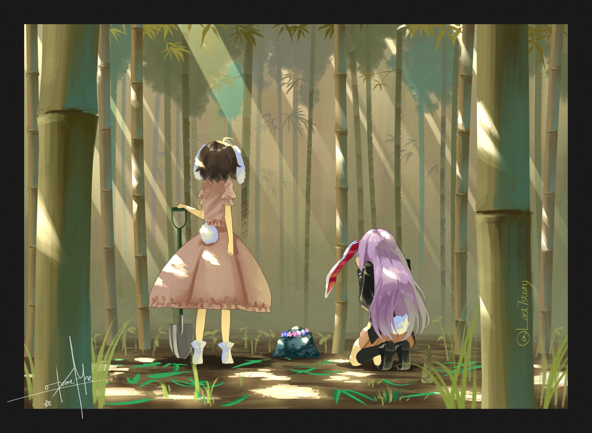 otomeza ryuseigun, inaba tewi, reisen udongein inaba, touhou, highres, 2girls, animal ears, bamboo, bamboo forest, black jacket, blazer, brown hair, day, dress, forest, from behind, holding, holding shovel, jacket, kneeling, long hair, long sleeves, multiple girls, nature, on ground, pink dress, puffy short sleeves, puffy sleeves, purple hair, rabbit ears, rabbit tail, short sleeves, shovel, skirt, socks, tail, twitter username, white socks