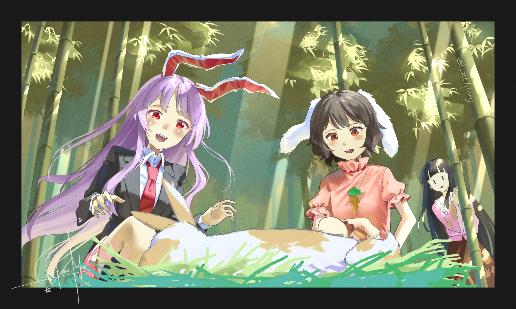 otomeza ryuseigun, houraisan kaguya, inaba tewi, reisen udongein inaba, touhou, highres, 3girls, animal ears, bamboo, bamboo forest, black hair, black jacket, blazer, brown hair, carrot necklace, crying, crying with eyes open, day, dress, forest, hime cut, jacket, jewelry, long hair, long sleeves, multiple girls, nature, necklace, necktie, pink dress, puffy short sleeves, puffy sleeves, purple hair, rabbit ears, red eyes, red necktie, short sleeves, skirt, tears, twitter username, wide sleeves, | |