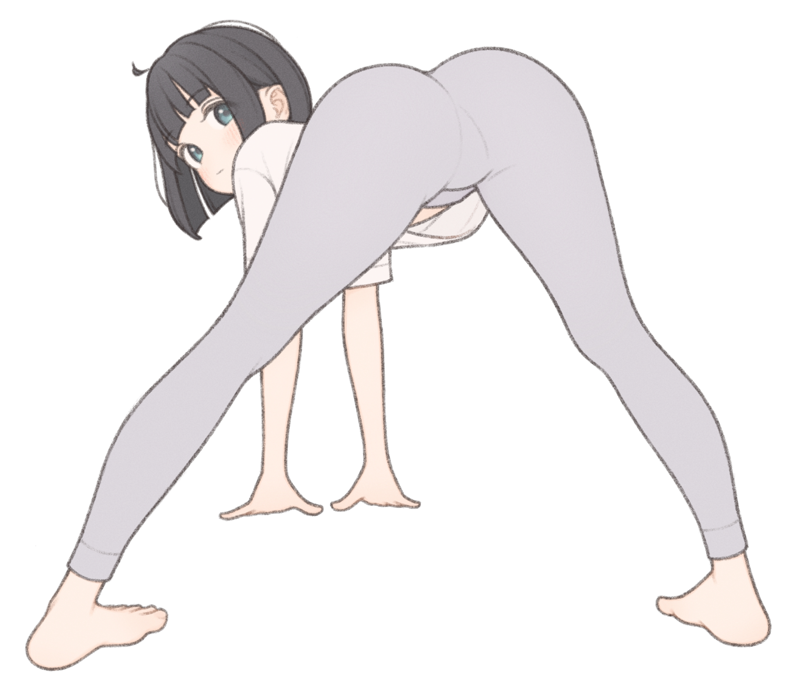 1ssakawaguchi, ichika (1ssakawaguchi), original, frontbend, commentary request, highres, 1girl, all fours, ass, barefoot, bob cut, flexible, from behind, grey eyes, grey leggings, leggings, legs apart, looking at viewer, looking back, midriff peek, shirt, short hair, short sleeves, simple background, solo, t-shirt, white background