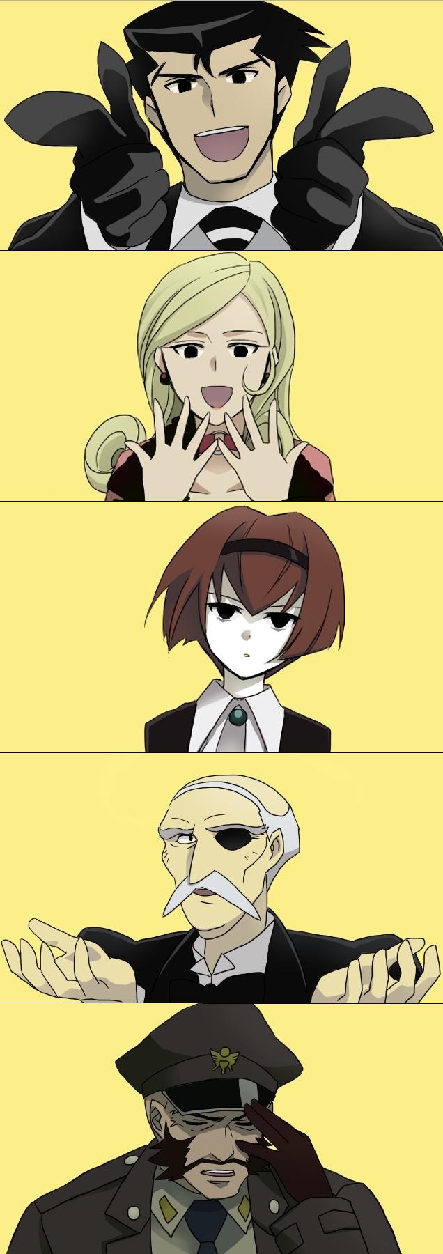 ararararagi, angel (big o), dan dastun, norman burg, r dorothy wayneright, roger smith, hare hare yukai, suzumiya haruhi no yuuutsu, the big o, highres, jpeg artifacts, 2girls, 3boys, bald, black eyes, black hair, blonde hair, bob cut, brown hair, eyepatch, facial hair, gloves, grey hair, hairband, hat, head tilt, military, military uniform, missing eye, multiple boys, multiple girls, mustache, parody, peaked cap, short hair, shrugging