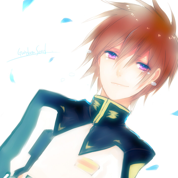 kantori (pixiv), kira yamato, gundam, gundam seed, gundam seed destiny, bad id, bad pixiv id, 00s, 1boy, brown hair, male focus, military, military uniform, petals, purple eyes, solo, tears