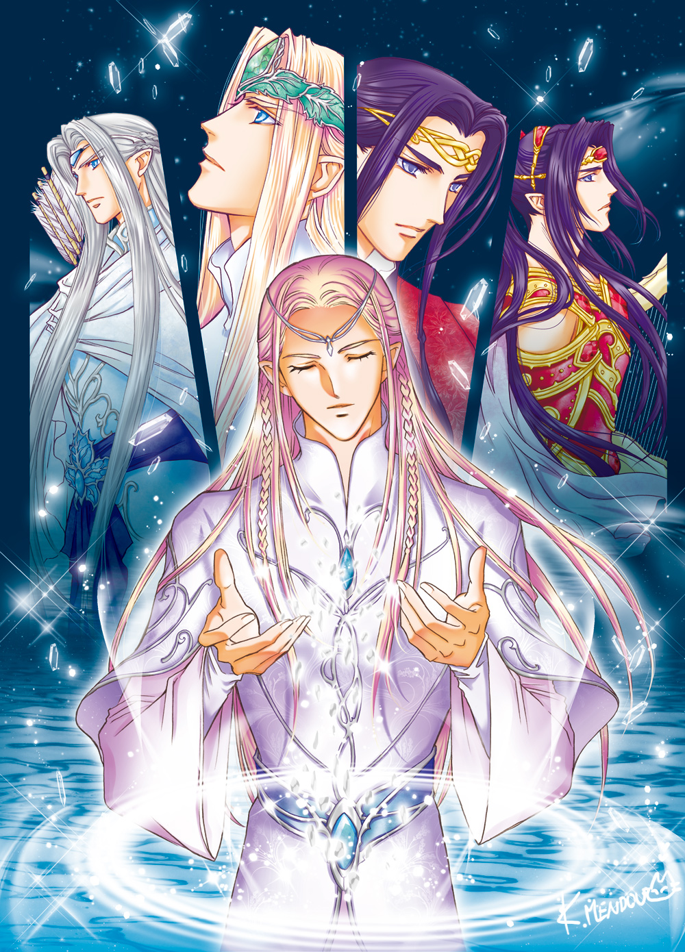 kazuki-mendou, elrond, legolas, maglor, oropher, thranduil, the hobbit, the lord of the rings, the silmarillion, tolkien's legendarium, highres, 5boys, armor, black hair, blonde hair, blue eyes, braid, cape, circlet, cloak, closed eyes, closed mouth, crystal, elf, eyebrows hidden by hair, eyelashes, eyes visible through hair, father and son, floating cape, floating clothes, floating hair, gem, grey hair, jewelry, long hair, long sleeves, looking down, looking up, male focus, multiple boys, night, parted bangs, pointy ears, profile, signature, sky, sparkle, star (sky), starry sky, step-parent and step-child, upper body, water