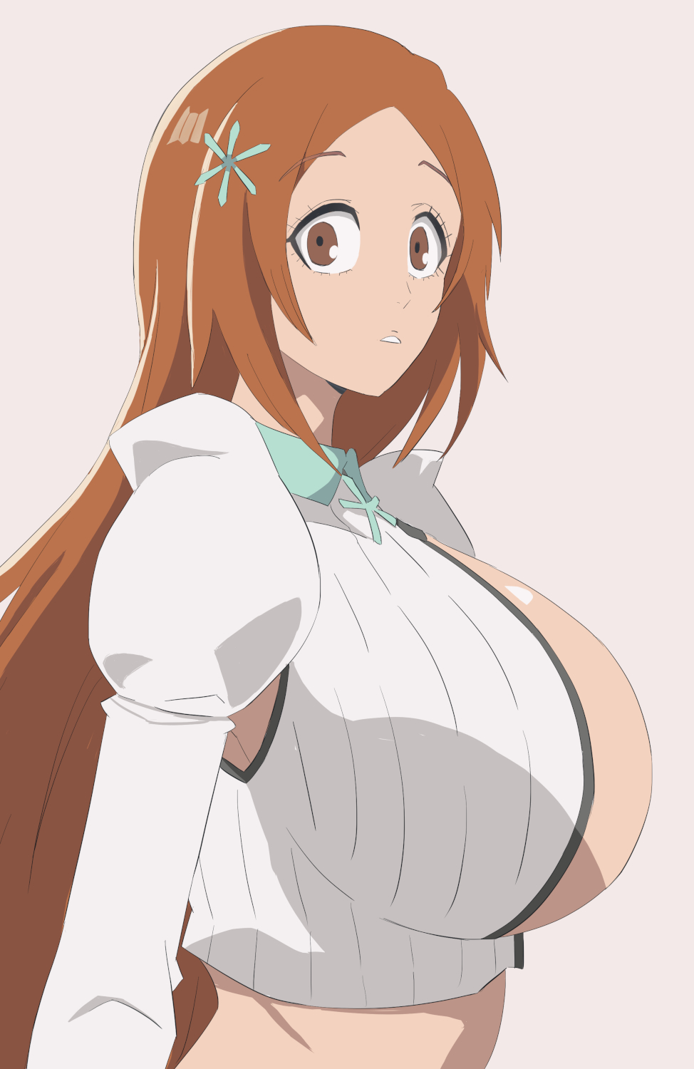 blue sky story, inoue orihime, bleach, bleach: sennen kessen-hen, highres, 1girl, breasts, brown eyes, cleavage, detached sleeves, female focus, hair ornament, hairclip, large breasts, long hair, looking at viewer, midriff, orange hair, parted bangs, puffy sleeves, simple background, snowflake hair ornament, upper body