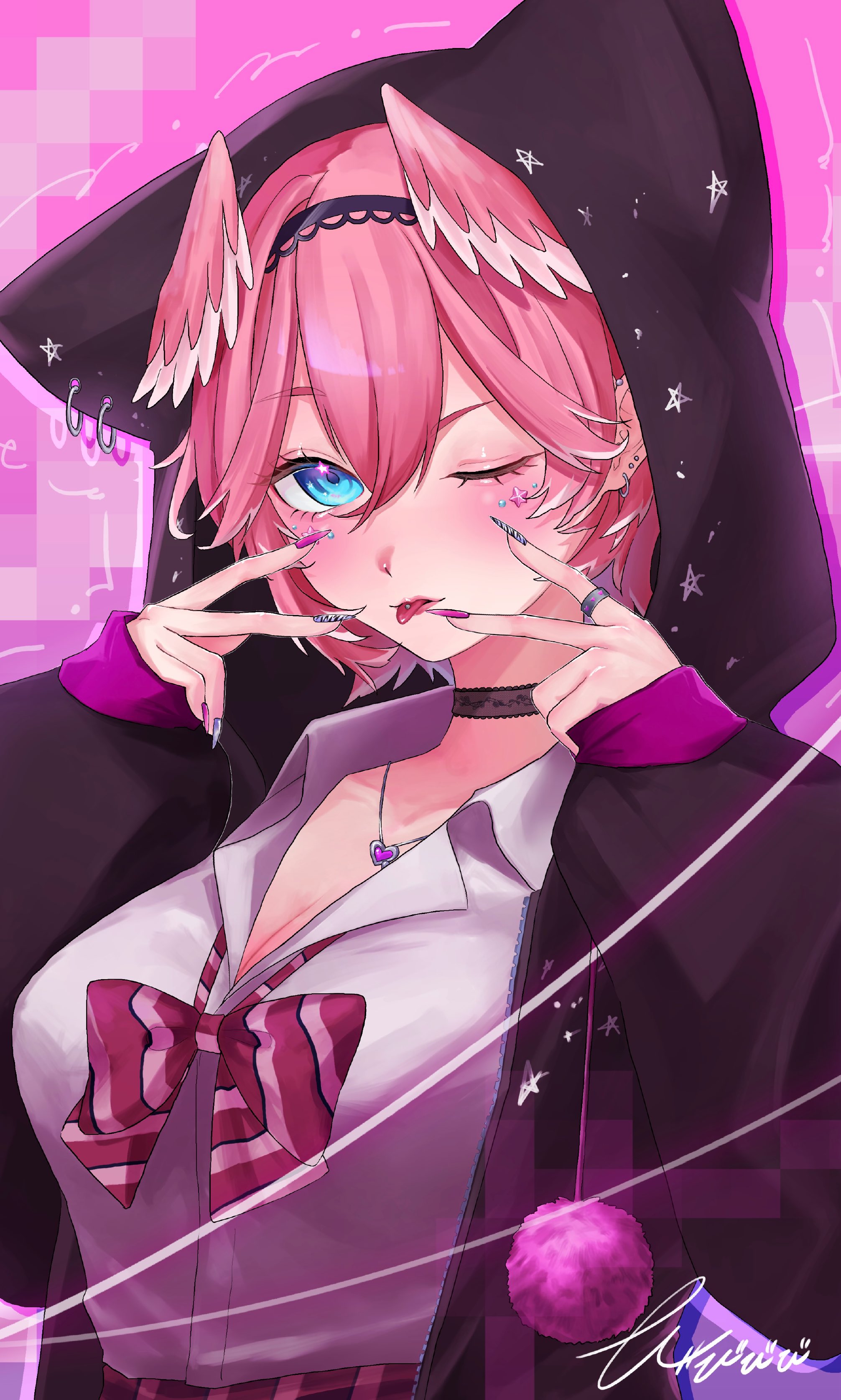 bibib goza, takane lui, hololive, absurdres, highres, 1girl, animal ear hood, animal ears, blue eyes, bow, breasts, cat ears, choker, cleavage, collared shirt, double v, facial mark, fake animal ears, gyaru, gyaru makeup, head wings, hood, hoodie, jacket, jewelry, large breasts, long sleeves, looking at viewer, makeup, nail polish, necklace, onee gyaru, piercing, pink hair, plaid clothes, plaid skirt, shirt, shirt bow, short hair, signature, skirt, solo, star on cheek, tongue, tongue out, tongue piercing, upper body, v, virtual youtuber, white shirt, wings