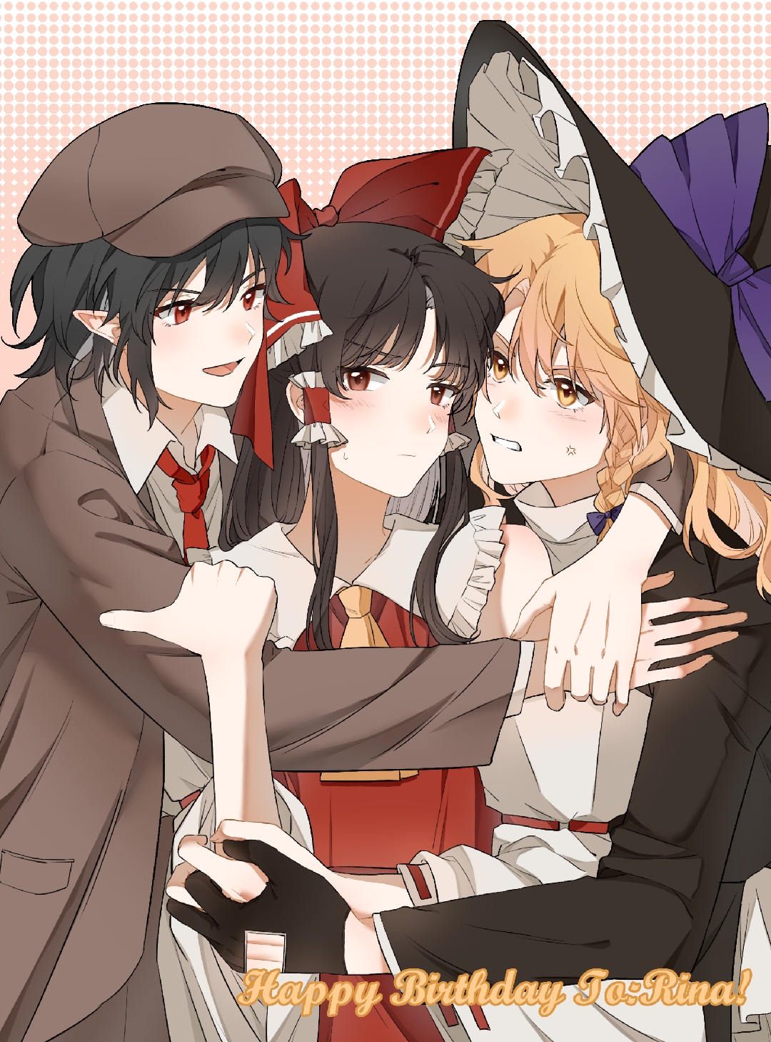 hitte5416, hakurei reimu, kirisame marisa, shameimaru aya, shameimaru aya (newsboy), touhou, chinese commentary, commentary request, highres, 3girls, anger vein, annoyed, ascot, bad arm, black dress, black gloves, black hair, black hat, blonde hair, blush, bow, braid, brown eyes, brown hat, brown jacket, brown shorts, character name, clenched teeth, closed mouth, collared shirt, cowboy shot, detached sleeves, dress, english text, frilled bow, frilled hair tubes, frilled headwear, frills, girl sandwich, gloves, hair between eyes, hair bow, hair tubes, hand on another's arm, hand on another's hand, happy birthday, hat, hat bow, hug, jacket, long hair, long sleeves, looking at another, looking at viewer, looking to the side, love triangle, medium hair, multiple girls, necktie, newsboy cap, open mouth, own hands together, parted bangs, pink background, pointy ears, polka dot, polka dot background, purple bow, red bow, red eyes, red jacket, red necktie, red shirt, red skirt, ribbon-trimmed sleeves, ribbon trim, sandwiched, shirt, short hair, shorts, side braid, sidelocks, single braid, skirt, skirt set, smile, teeth, white shirt, white sleeves, wide sleeves, witch hat, yellow ascot, yellow eyes, yuri