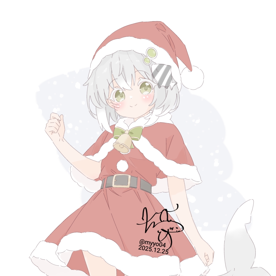 chame (myyo04), maestrale (kancolle), kantai collection, 1girl, alternate costume, bell, belt, black belt, bow, bowtie, capelet, clenched hand, closed mouth, colored eyelashes, cowboy shot, dated, fins, fish tail, fur-trimmed capelet, fur-trimmed skirt, fur trim, green bow, green bowtie, green eyes, grey hair, hair ornament, hat, light blush, looking at viewer, neck bell, red capelet, red hat, red shirt, red skirt, santa costume, santa hat, shark hair ornament, shark tail, shirt, short hair, sidelocks, signature, skirt, smile, solo, tail, twitter username