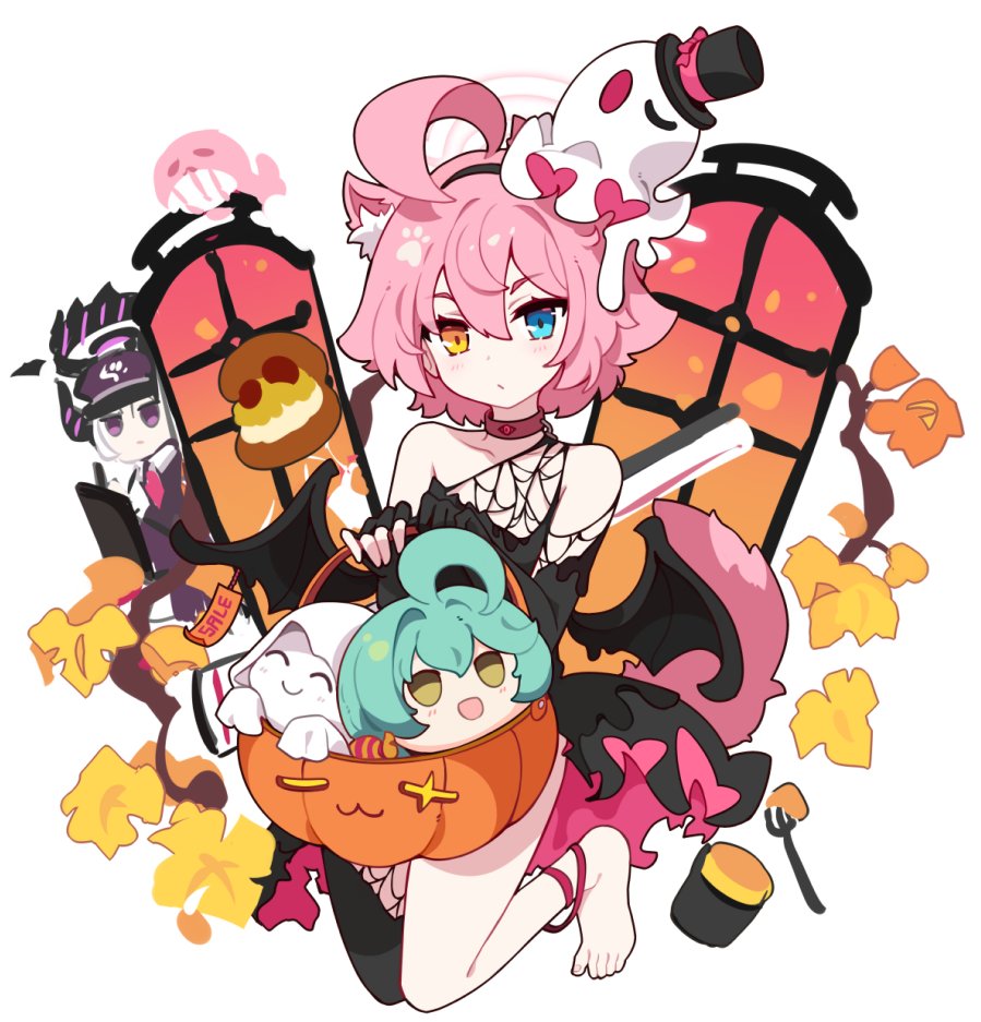 ideolo, doodle sensei (blue archive), hina (blue archive), hoshino (blue archive), sensei (blue archive), yume (blue archive), blue archive, 2girls, ahoge, animal ear fluff, animal ears, anklet, bare shoulders, black dress, blue eyes, character doll, closed mouth, collar, dog ears, dog tail, doll, dress, elbow gloves, fingerless gloves, ghost hair ornament, gloves, hairband, halloween, halloween bucket, halo, heterochromia, jewelry, kemonomimi mode, light blush, multiple girls, single bare foot, sleeveless, sleeveless dress, solo, solo focus, tail, toes, wings, yellow eyes