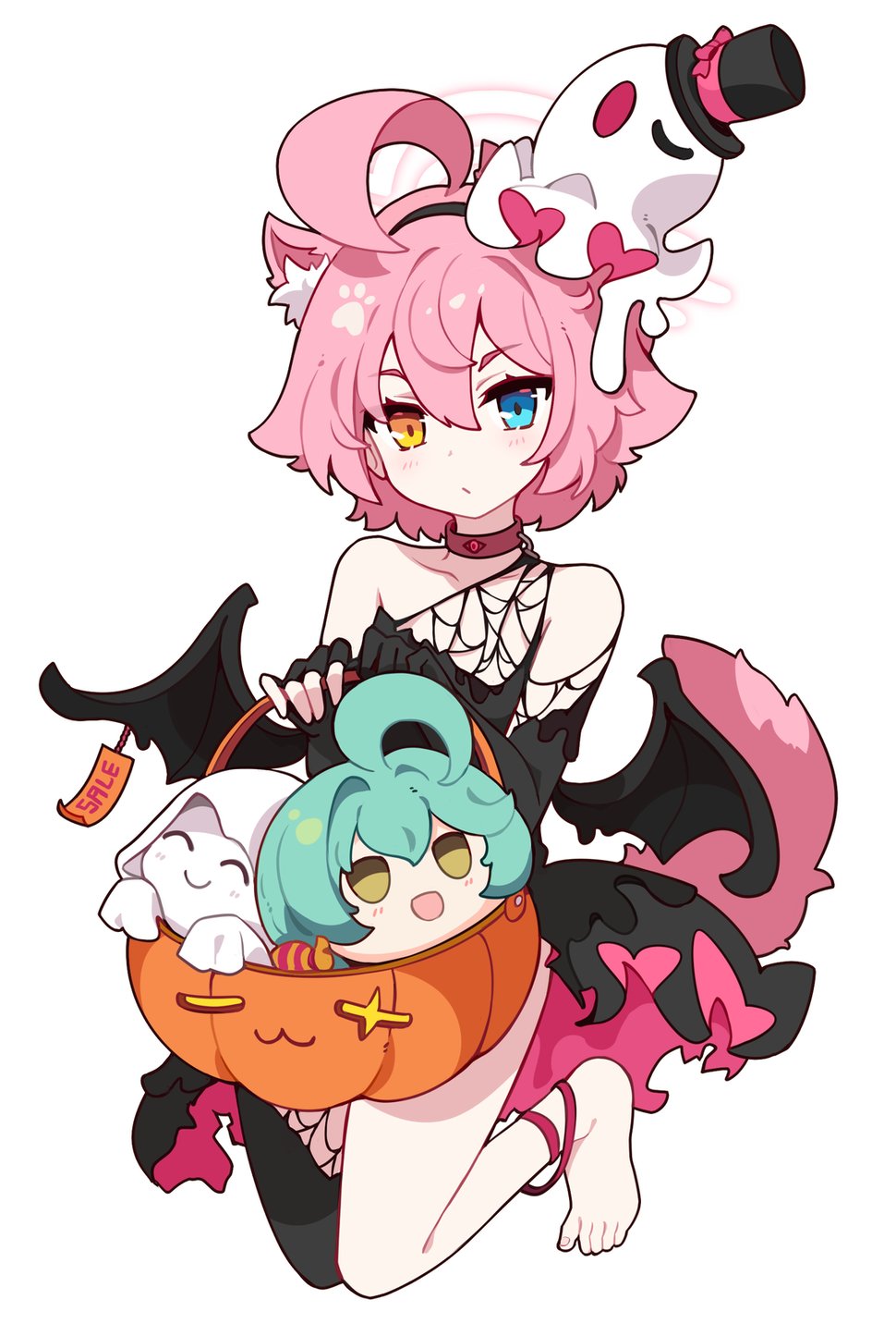 ideolo, doodle sensei (blue archive), hoshino (blue archive), sensei (blue archive), yume (blue archive), blue archive, highres, 1girl, ahoge, animal ear fluff, animal ears, anklet, bare shoulders, black dress, blue eyes, character doll, closed mouth, collar, dog ears, dog tail, doll, dress, elbow gloves, fingerless gloves, ghost hair ornament, gloves, hairband, halloween, halloween bucket, halo, heterochromia, jewelry, kemonomimi mode, light blush, simple background, single bare foot, sleeveless, sleeveless dress, solo, tail, toes, white background, wings, yellow eyes