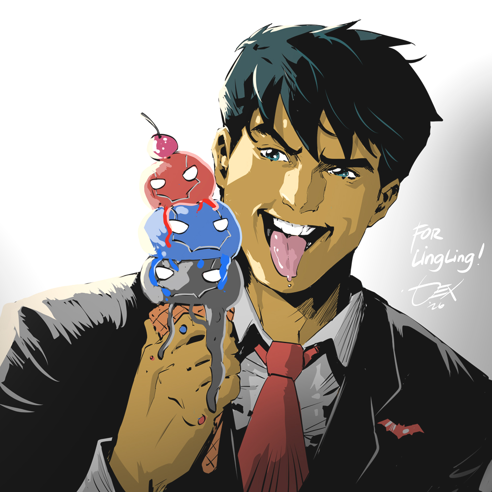 dexter soy, jason todd, batman (series), dc comics, red hood and the outlaws, 1boy, batman symbol, black hair, black jacket, black suit, blue eyes, collared shirt, food, formal clothes, ice cream, ice cream cone, jacket, male focus, muscular, muscular male, necktie, open mouth, shirt, short hair, suit, suit jacket, teeth, tongue, tongue out, upper teeth only, western comics (style)