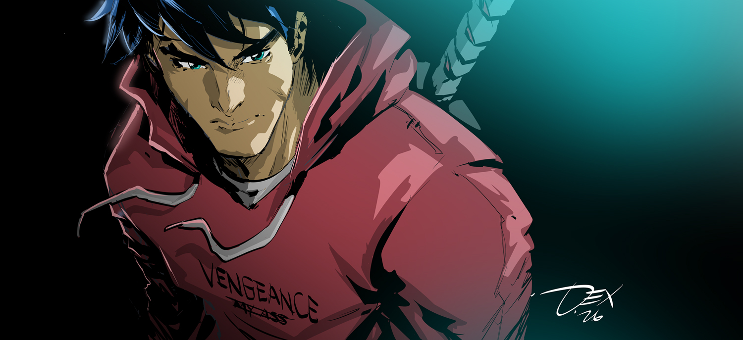 dexter soy, jason todd, batman (series), dc comics, 1boy, black hair, blue eyes, drawstring, hood, hood down, hoodie, long sleeves, looking at viewer, male focus, muscular, muscular male, red hoodie, sheath, sheathed, sword, sword on back, weapon, weapon on back