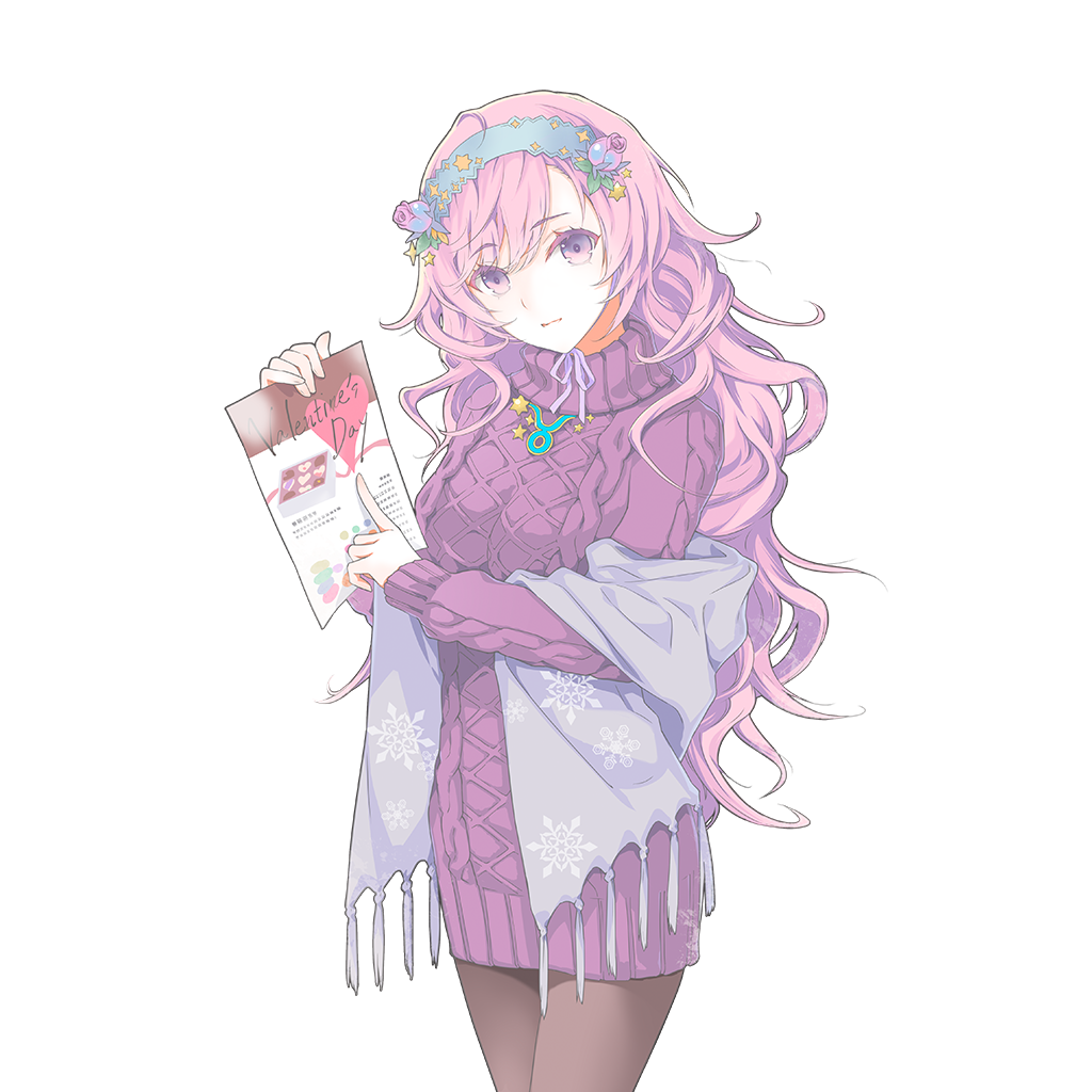 uchi no hime-sama ga ichiban kawaii, 1girl, aqua hairband, brown pantyhose, dress, flora (uchihime), flower hairband, grey scarf, hairband, holding, holding paper, long hair, pantyhose, paper, pink hair, pointing, print scarf, purple eyes, purple sweater, scarf, snow print, sweater, sweater dress