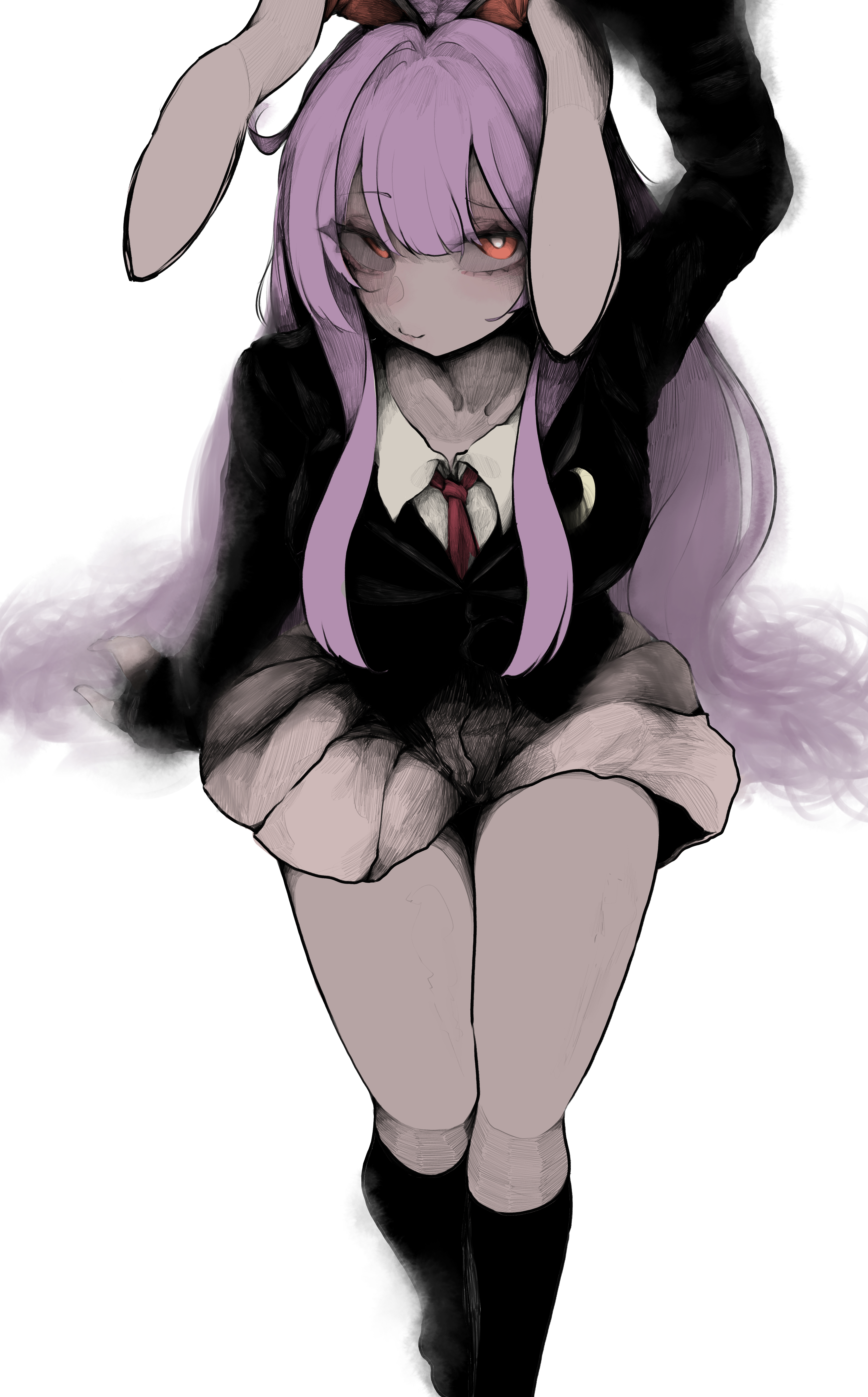 ayang, reisen udongein inaba, touhou, absurdres, highres, 1girl, animal ears, arm up, black jacket, blazer, breasts, collared shirt, jacket, long hair, long sleeves, looking up, medium breasts, necktie, purple hair, rabbit ears, red eyes, red necktie, shirt, simple background, skirt, solo, white background