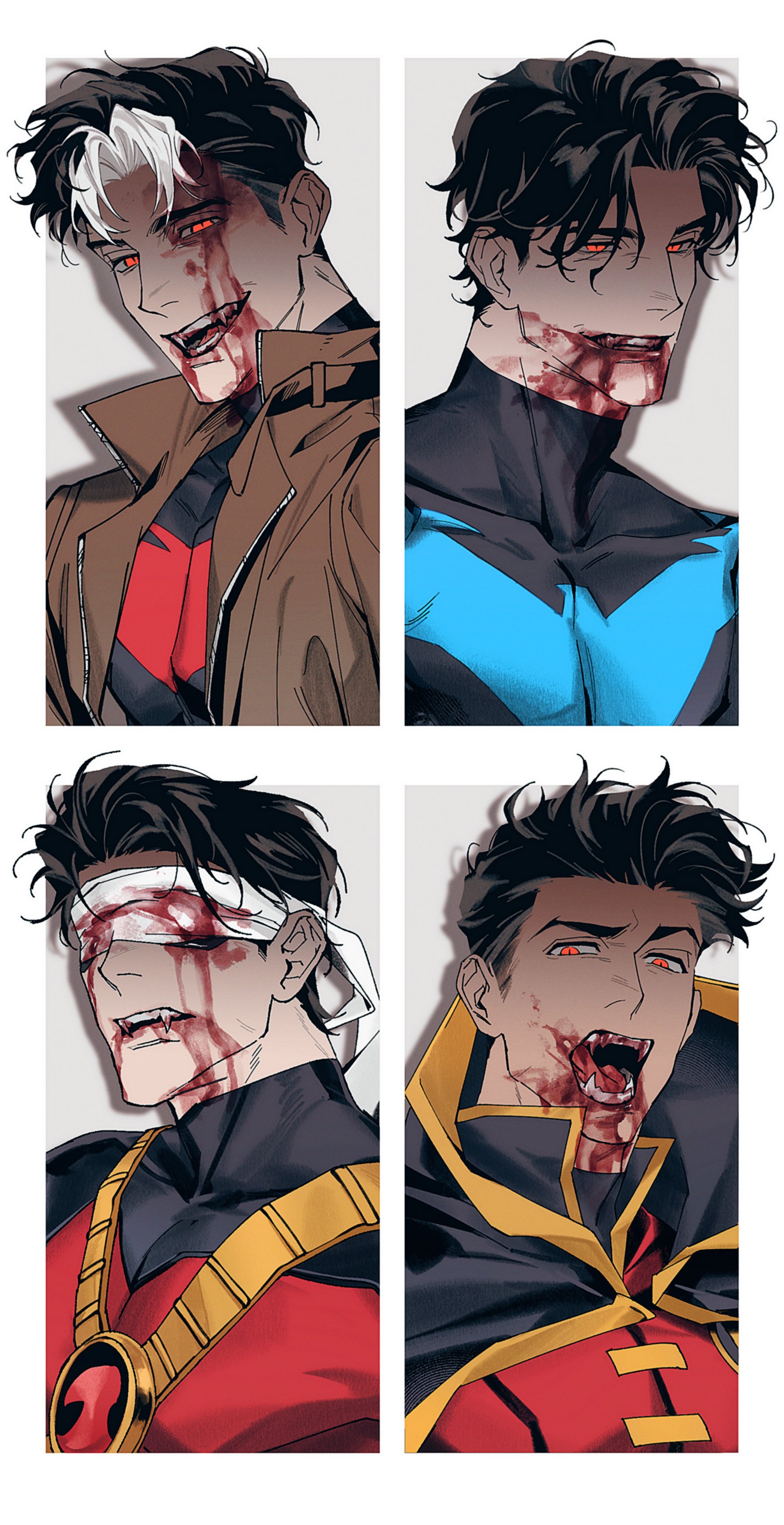 houlong siche, damian wayne, dick grayson, jason todd, nightwing, red hood (dc), red robin, robin (dc), tim drake, batman (series), dc comics, red hood and the outlaws, absurdres, highres, bat signal, batman symbol, black bodysuit, black hair, blood, blood from mouth, blood on face, bodysuit, brown jacket, fang, fangs, grey bodysuit, jacket, looking at viewer, male focus, multicolored bodysuit, multiple boys, muscular, muscular male, open clothes, open mouth, red eyes, short hair, simple background, smile, superhero costume, taut bodysuit, two-tone bodysuit, upper body, vampire