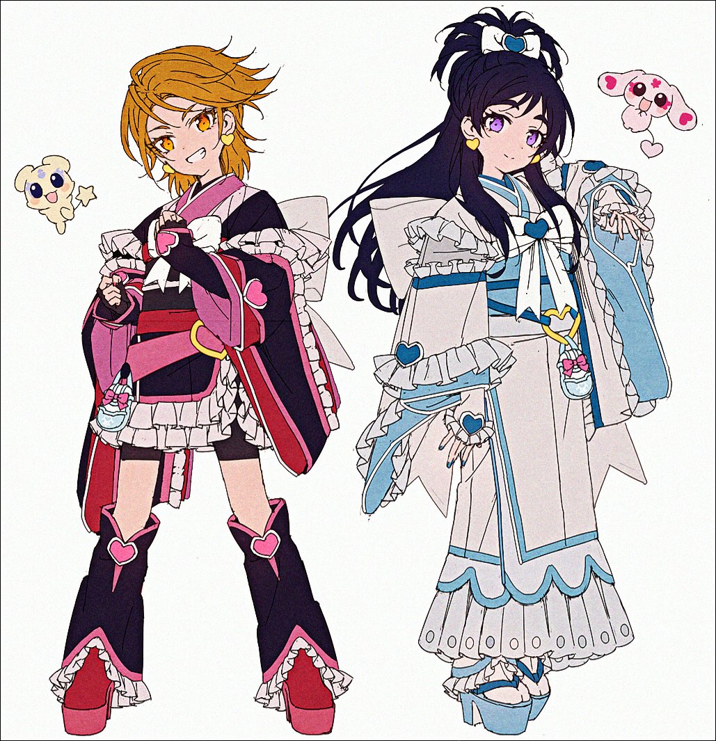 hakusai (tiahszld), cure black, cure white, mepple, mipple, misumi nagisa, yukishiro honoka, futari wa precure, precure, 2girls, black hair, black kimono, blue nails, blue sash, dress, earrings, fingernails, frilled dress, frilled gloves, frilled kimono, frilled skirt, frilled sleeves, frills, gloves, hair ribbon, heart, heart earrings, high heels, japanese clothes, jewelry, kimono, legs, light smile, long dress, long hair, long sleeves, multiple girls, orange eyes, orange hair, platform heels, platform shoes, pouch, purple eyes, red sash, ribbon, sash, short hair, simple background, skirt, smile, socks, tomboy, white background, white kimono, white ribbon, white socks