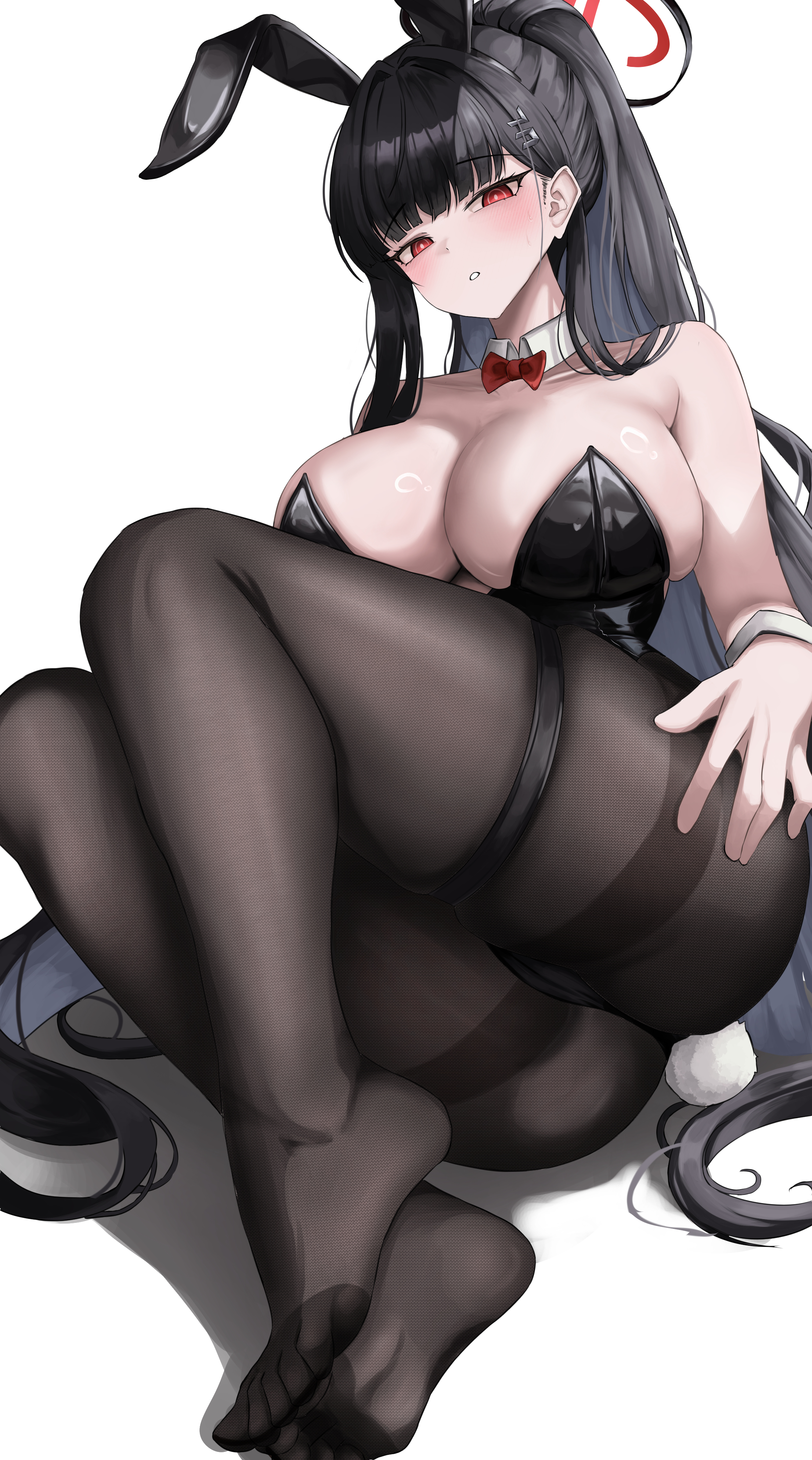 small chair (xiaosaiyi33818), rio (blue archive), blue archive, absurdres, highres, 1girl, animal ear hairband, animal ears, ass, black hair, black pantyhose, bow, bowtie, breasts, cameltoe, collarbone, detached collar, fake animal ears, hair ornament, hairband, high ponytail, large breasts, no shoes, pantyhose, parted lips, ponytail, rabbit ear hairband, rabbit ears, rabbit tail, red bow, red bowtie, red eyes, simple background, sitting, solo, tail, thigh strap, white background, wrist cuffs