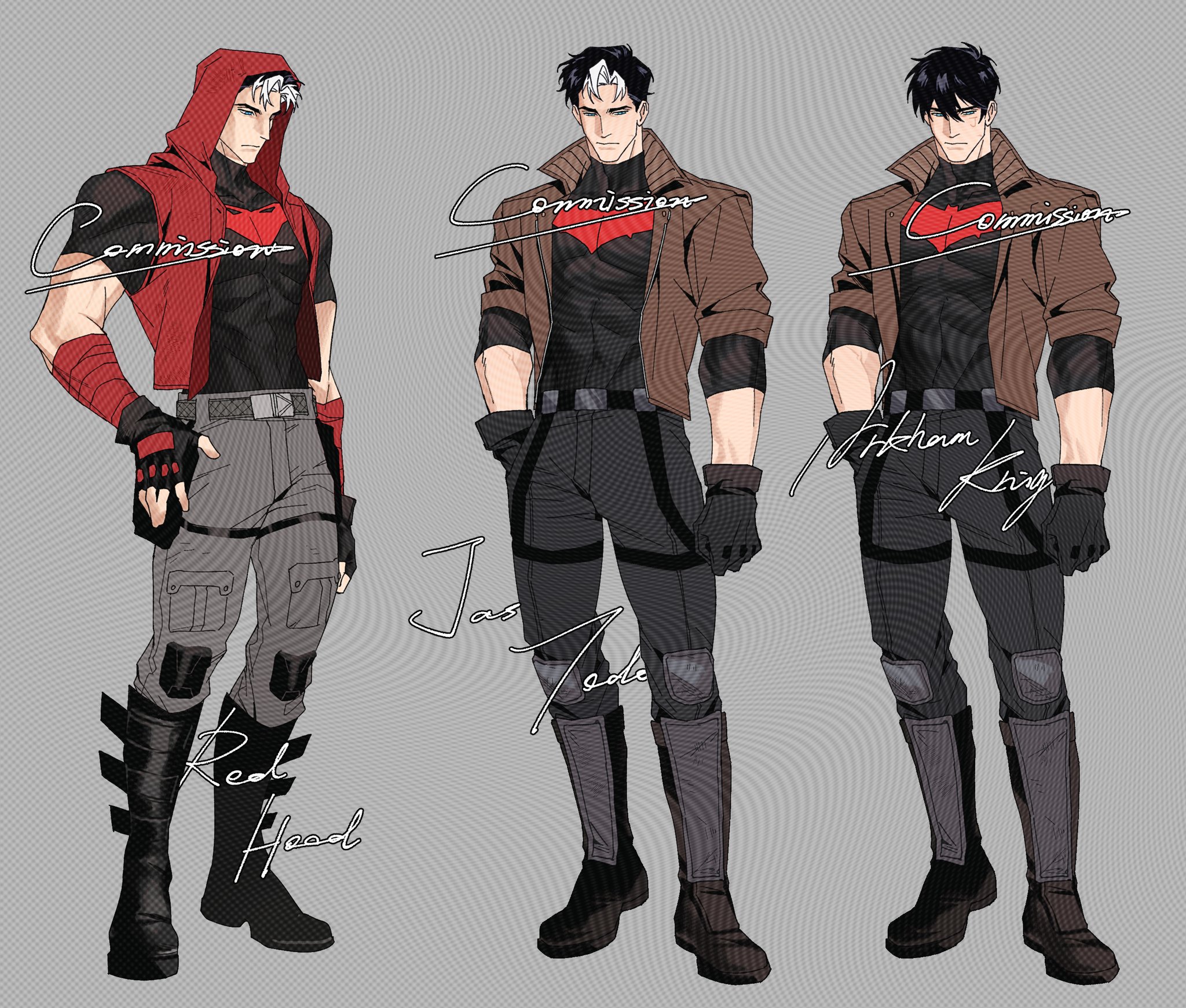 houlong siche, jason todd, red hood (dc), batman (series), dc comics, red hood and the outlaws, commission, highres, bat signal, batman symbol, black bodysuit, black gloves, black hair, blue eyes, bodysuit, brown jacket, gloves, grey bodysuit, jacket, male focus, multicolored bodysuit, multicolored hair, multiple boys, multiple persona, muscular, muscular male, open clothes, pants, short hair, superhero costume, taut bodysuit, two-tone bodysuit, watermark, western comics (style)