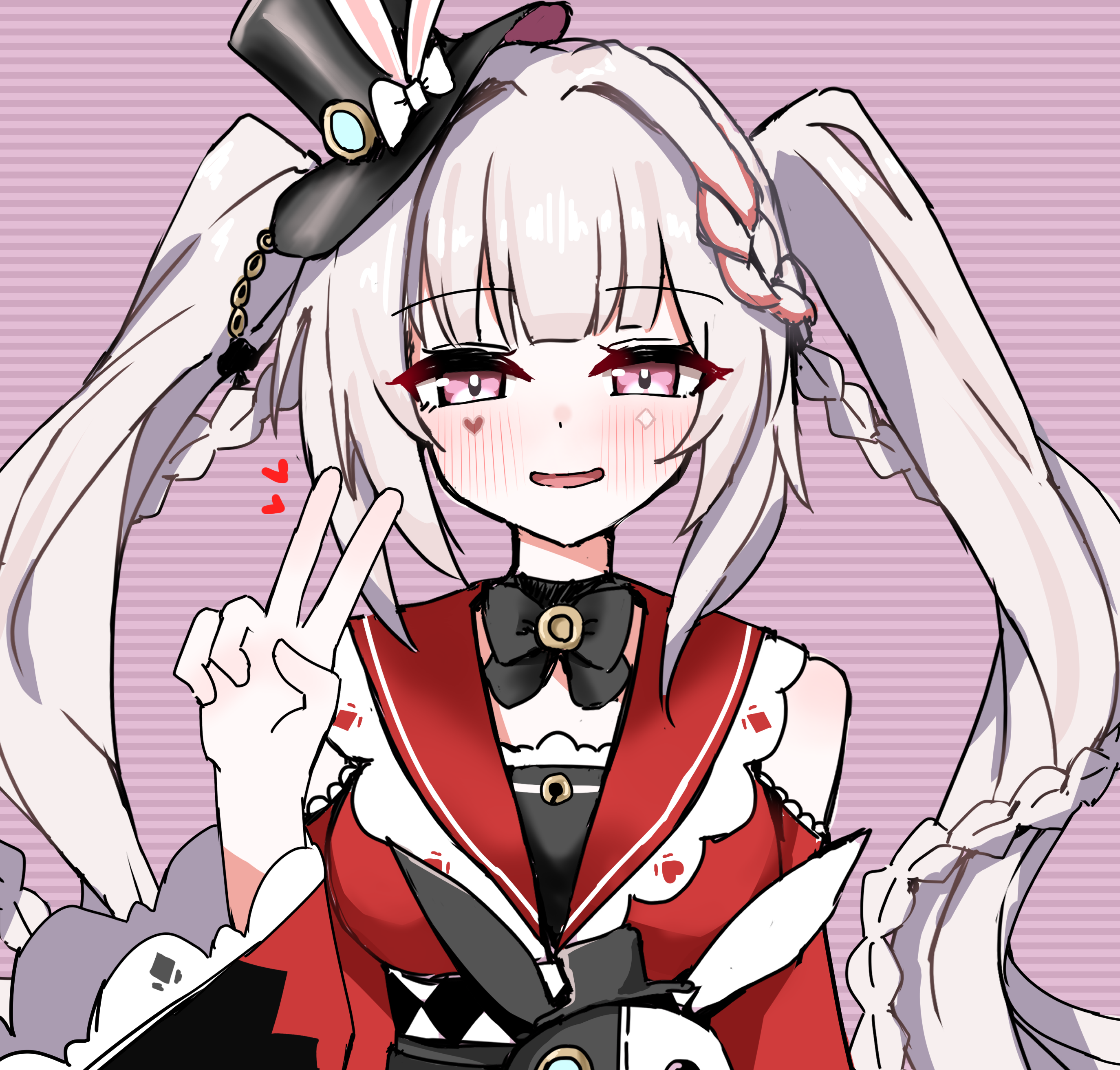 pueichigo, sparxie (honkai: star rail), honkai: star rail, honkai (series), absurdres, commentary request, highres, 1girl, bare shoulders, black bow, bow, breasts, clothing cutout, diamond (shape), grey hair, heart, long hair, looking at viewer, open mouth, pink eyes, purple background, shoulder cutout, simple background, smile, solo, spade (shape), stuffed animal, stuffed rabbit, stuffed toy, twintails, upper body, v