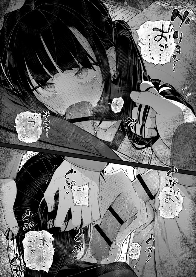 kindatsu, kashihara noa (kindatsu), original, commentary request, 1boy, 1girl, bar censor, blush, breasts, censored, crying, crying with eyes open, deepthroat, ear piercing, fellatio, greyscale, hetero, holding another's hair, long hair, medium breasts, monochrome, nipples, oral, penis, piercing, sidelocks, tears, two side up, x-ray