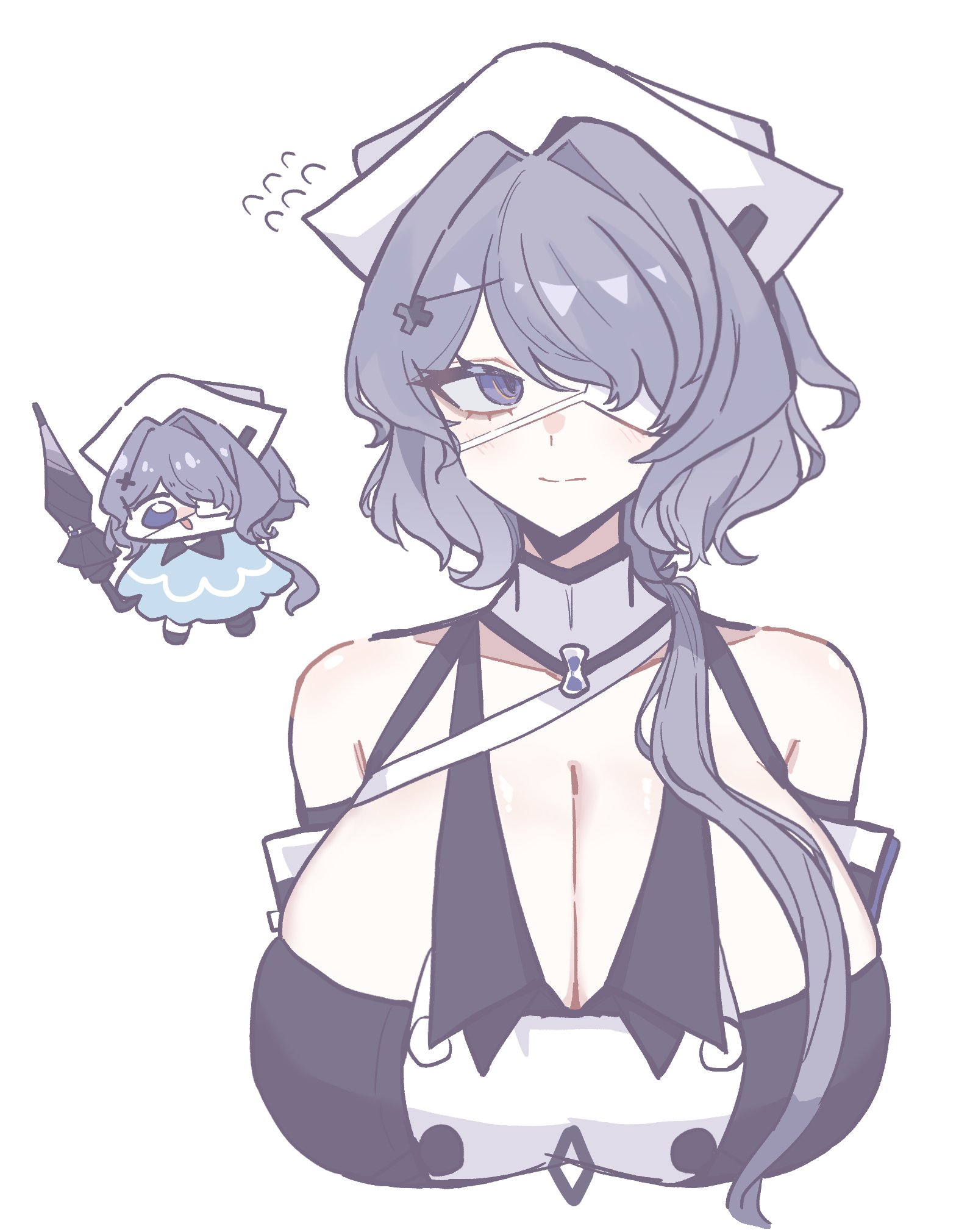 hmrsh, whisperain (arknights), arknights, highres, 1girl, armpit crease, arms at sides, bare shoulders, breasts, chibi, cleavage, closed mouth, collar, collarbone, cropped arms, cropped torso, detached sleeves, eyepatch, grey eyes, grey hair, hair intakes, hair ornament, hair over breasts, hat, huge breasts, long hair, looking to the side, medical eyepatch, multiple views, nurse cap, simple background, umbrella, upper body, white background, x hair ornament