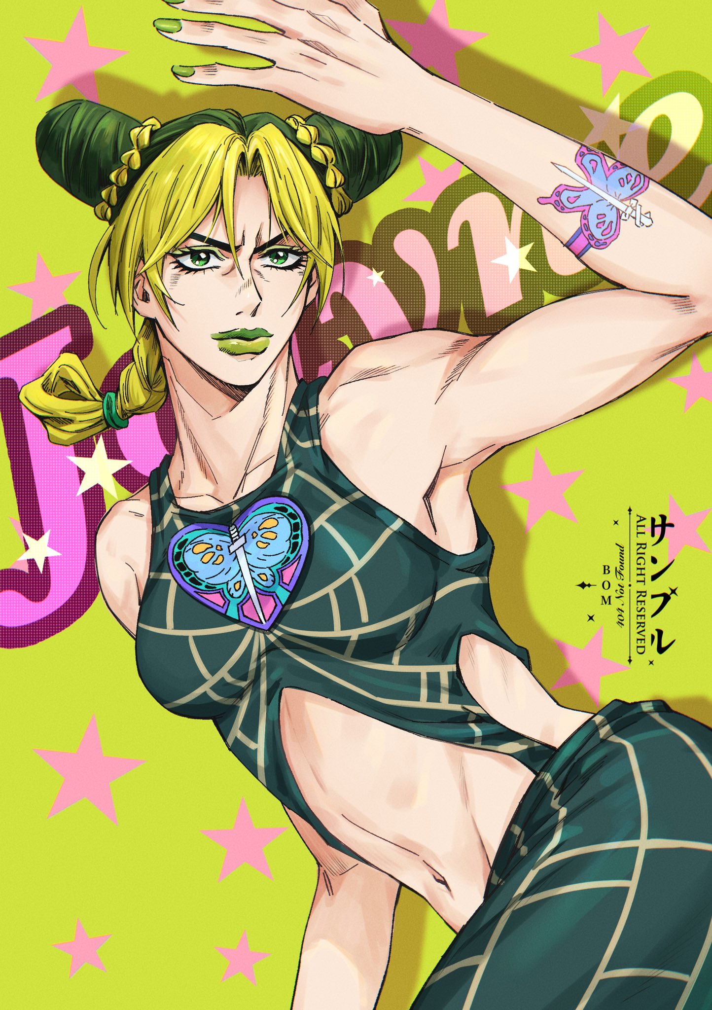 bom-r, kuujou jolyne, jojo no kimyou na bouken, stone ocean, highres, 1girl, black hair, butterfly tattoo, collarbone, cone hair bun, double bun, green background, green eyes, green hair, green lips, hair bun, looking at viewer, midriff, multicolored hair, navel, signature, solo, tattoo, toned, toned female, two-tone hair