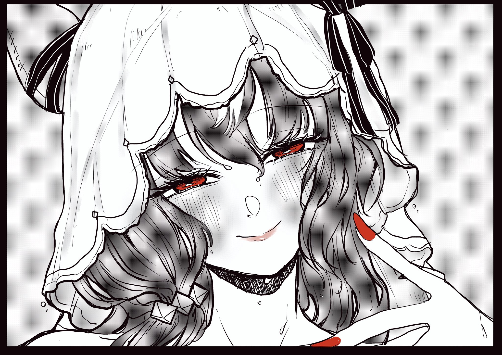 rinren (chun8chun8chun), still in love (umamusume), umamusume, commentary request, highres, 1girl, animal ears, bow, ear covers, ear ribbon, greyscale, horse ears, horse girl, lips, monochrome, nail polish, red eyes, red nails, ribbon, smile, solo, striped ribbon, upper body, veil, white streaks, white veil