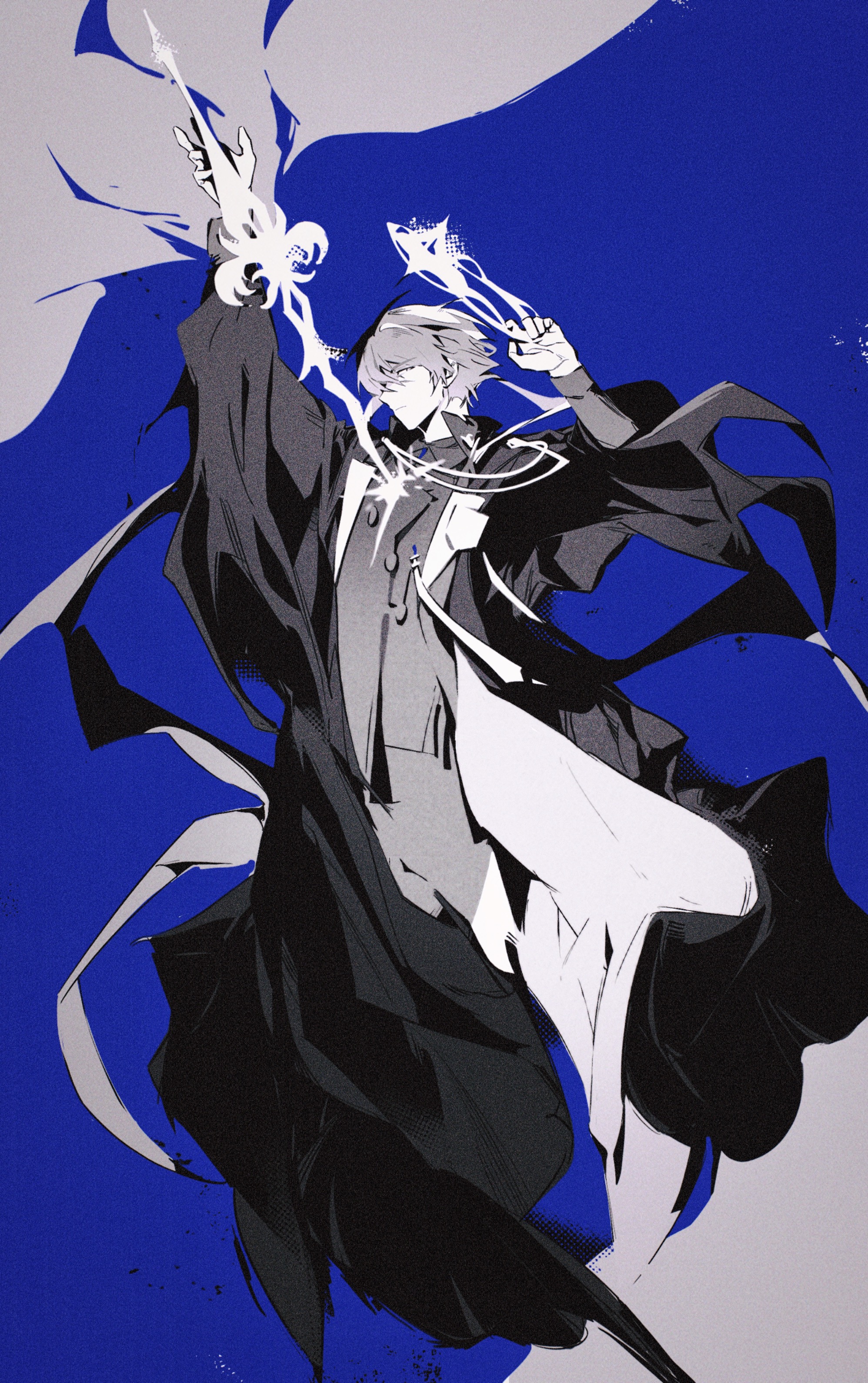 hellwithlight, andoain (arknights), arknights, absurdres, commentary, highres, 1boy, arm up, blue background, closed mouth, coat, drawing sword, full body, grey background, greyscale with colored background, hair between eyes, halo, hand up, holding, holding halo, holding sword, holding weapon, human scabbard, long coat, long sleeves, looking at viewer, male focus, open clothes, open coat, pants, profile, shirt, short hair, sideways glance, solo, sword, two-tone background, weapon, wide sleeves