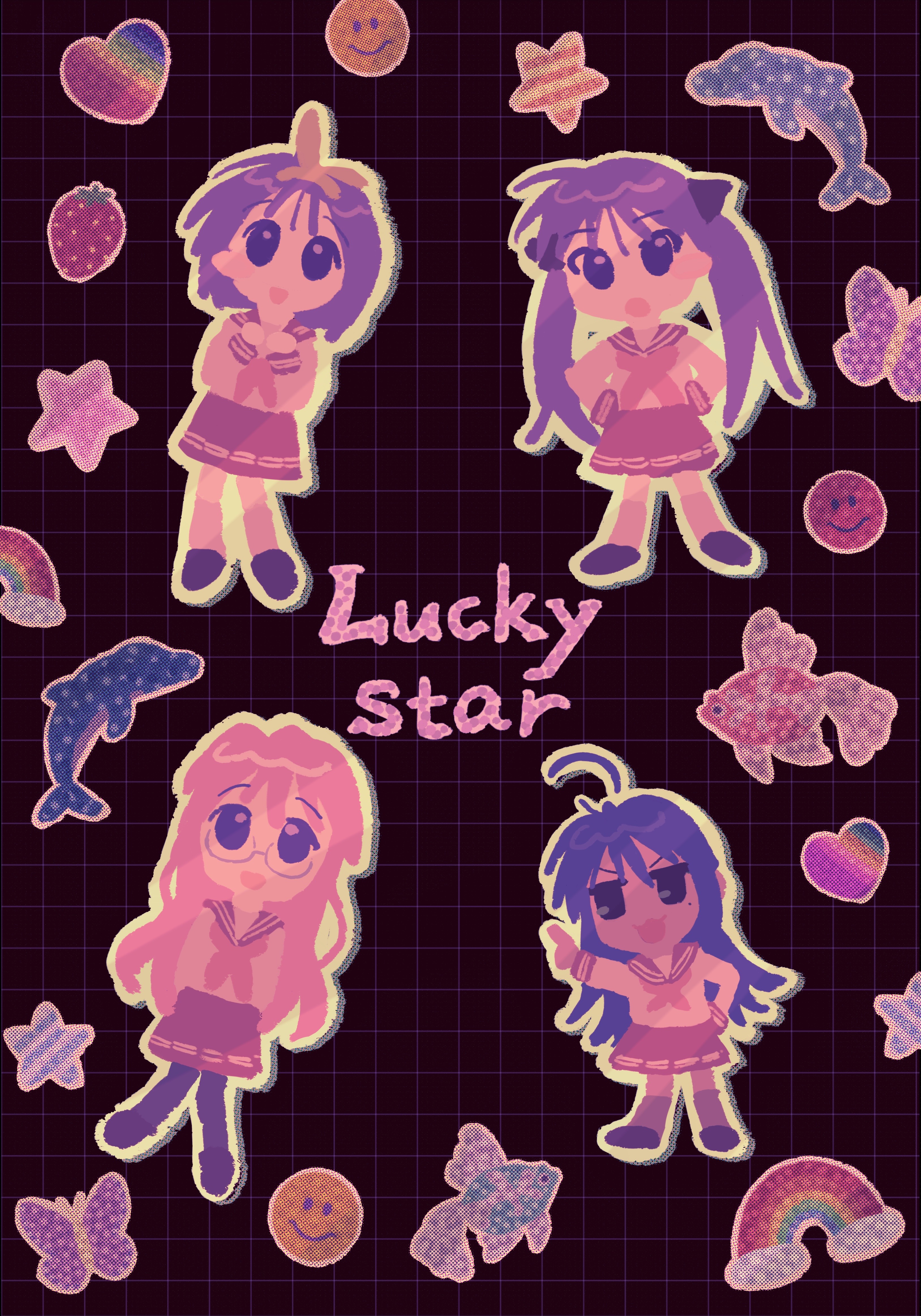 hiiragi kagami, hiiragi tsukasa, izumi konata, takara miyuki, lucky star, absurdres, highres, procreate (medium), 4girls, 666trag, bug, butterfly, character cutout, copyright name, dolphin, fish, food, fruit, grid background, insect, koi, multiple girls, rainbow, rainbow heart, siblings, smiley face, star (symbol), strawberry, twins