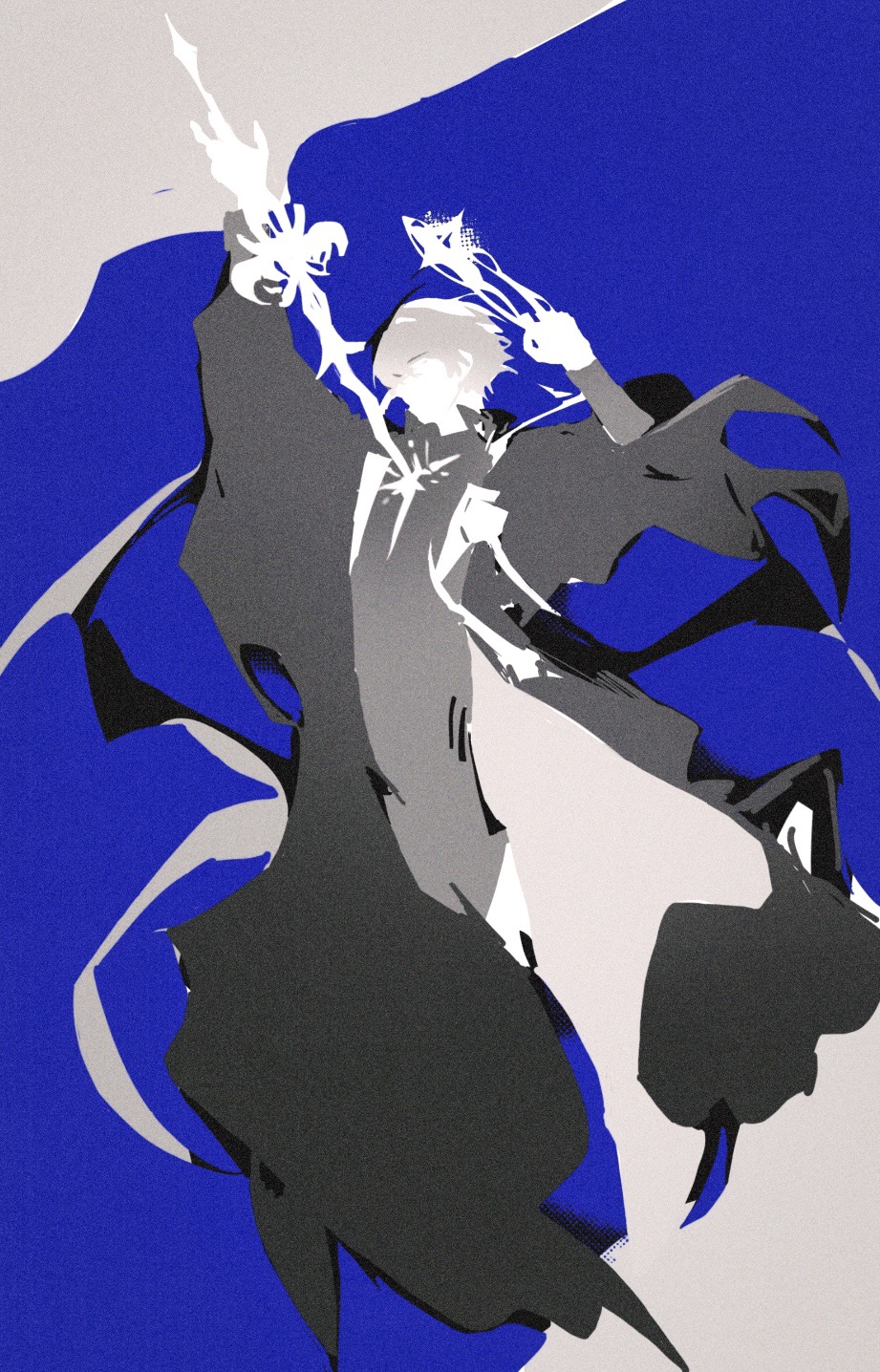 hellwithlight, andoain (arknights), arknights, commentary, highres, 1boy, arm up, blue background, closed mouth, coat, drawing sword, flat color, full body, grey background, greyscale with colored background, hair between eyes, halo, hand up, holding, holding halo, holding sword, holding weapon, human scabbard, long coat, long sleeves, male focus, no lineart, open clothes, open coat, pants, shirt, short hair, solo, sword, two-tone background, weapon, wide sleeves