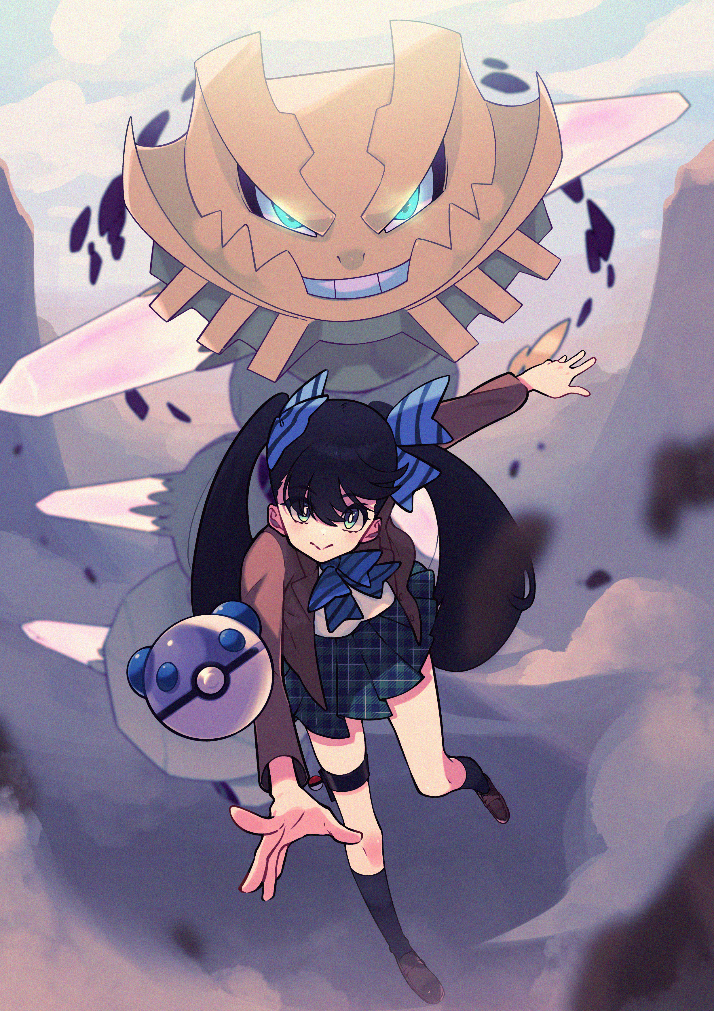u tei, mega steelix, steelix, nintendo, pokemon, absurdres, highres, 1girl, black hair, blue eyes, brown jacket, dust, eyelashes, gen 2 pokemon, heavy ball, jacket, long hair, long sleeves, looking at viewer, mega pokemon, outstretched arm, pleated skirt, poke ball, pokemon (creature), school uniform, skirt, smile, throwing, twintails