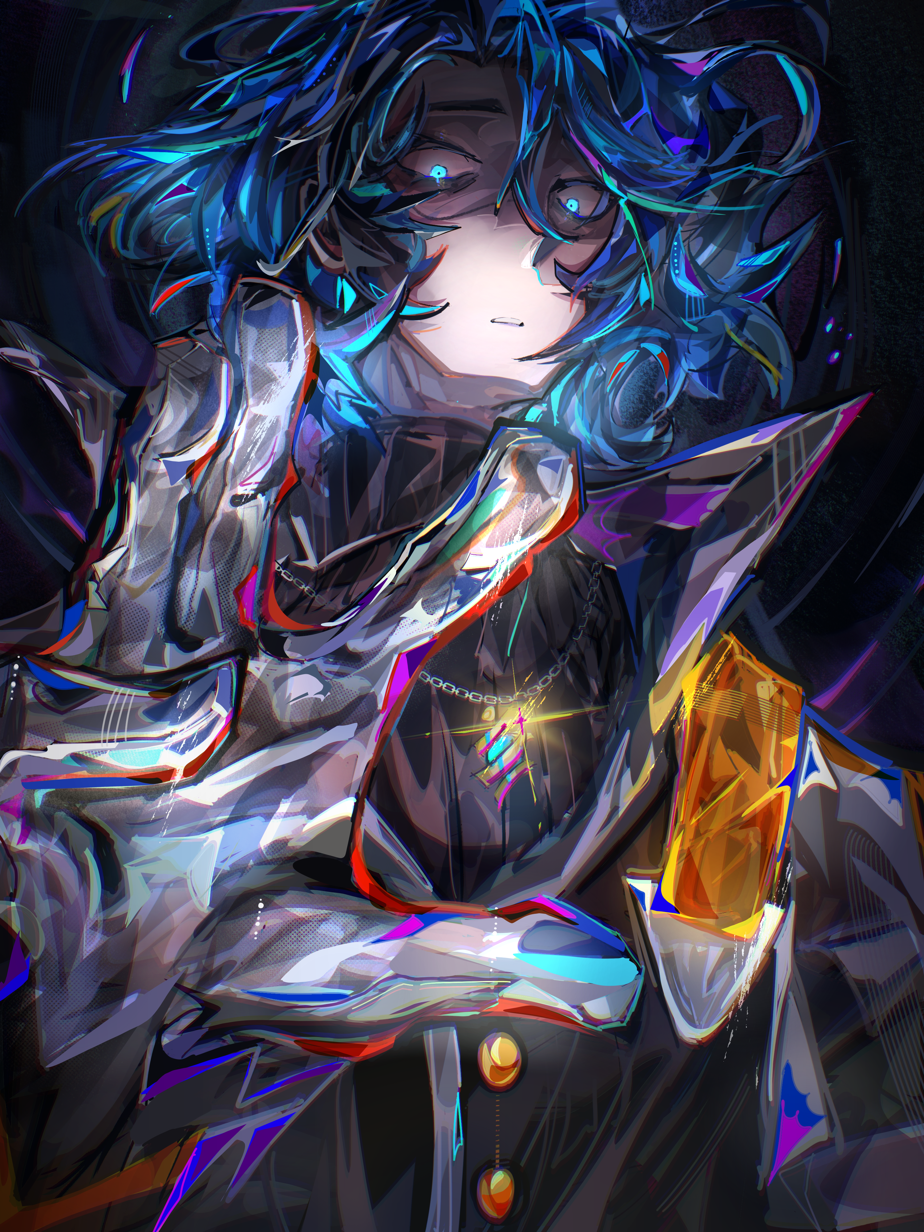 n4pstab1ook, absurdres, highres, non-web source, source request, 1boy, blue eyes, blue hair, cloak, colored skin, gloves, grey skin, jewelry, medium hair, necklace, necromancer, virtual youtuber, white gloves