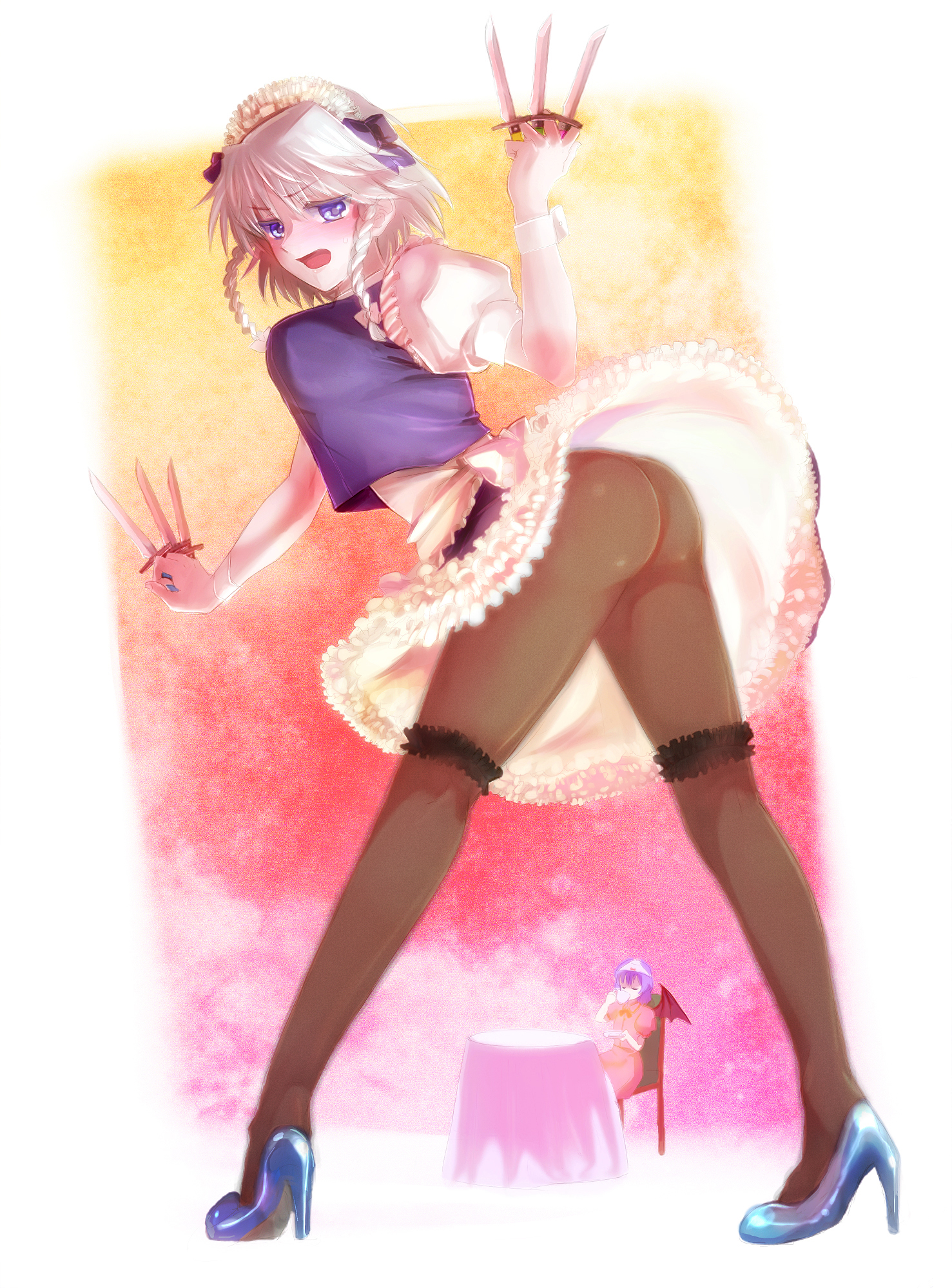 bemu (soborogami), izayoi sakuya, remilia scarlet, touhou, silver hair, bad id, bad pixiv id, highres, 2girls, ass, bat wings, braid, female focus, frilled thigh strap, high heels, knife, legs, maid, multiple girls, object on head, panties, panties on head, pantyhose, shoes, short hair, thigh strap, throwing knife, twin braids, underwear, weapon, wings