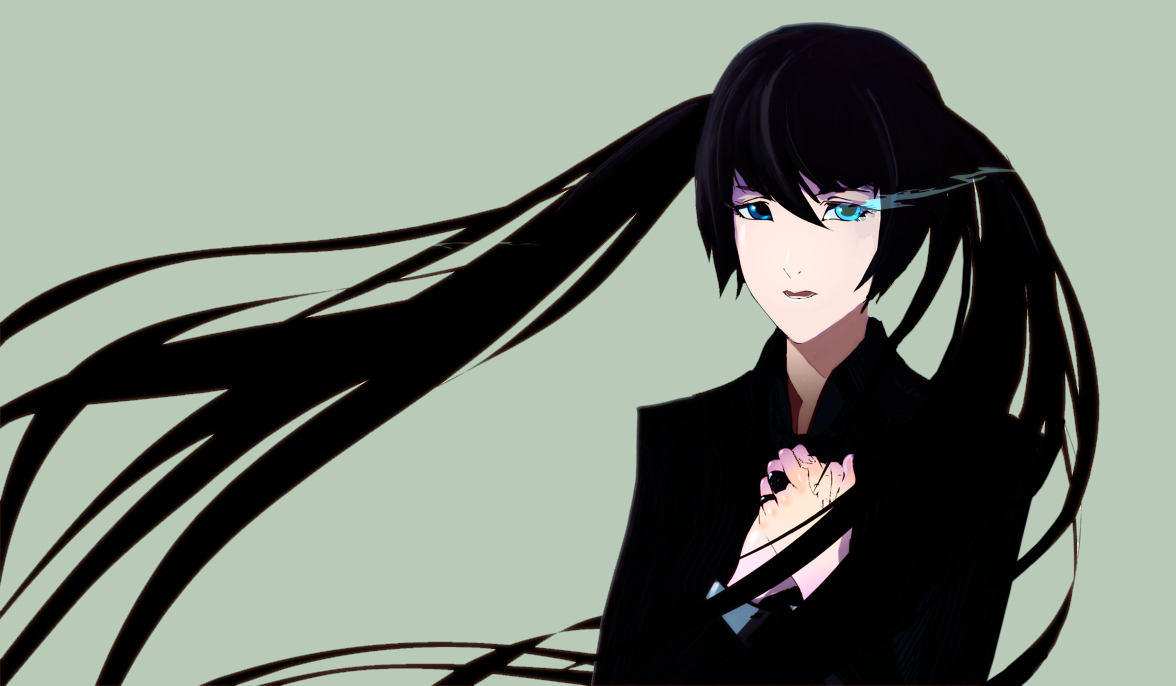 arsenixc, black rock shooter (character), black rock shooter, bad id, bad pixiv id, 10s, 1girl, black hair, blue eyes, female focus, glowing, glowing eyes, jewelry, long hair, own hands clasped, own hands together, ring, simple background, solo, twintails, uneven twintails, very long hair
