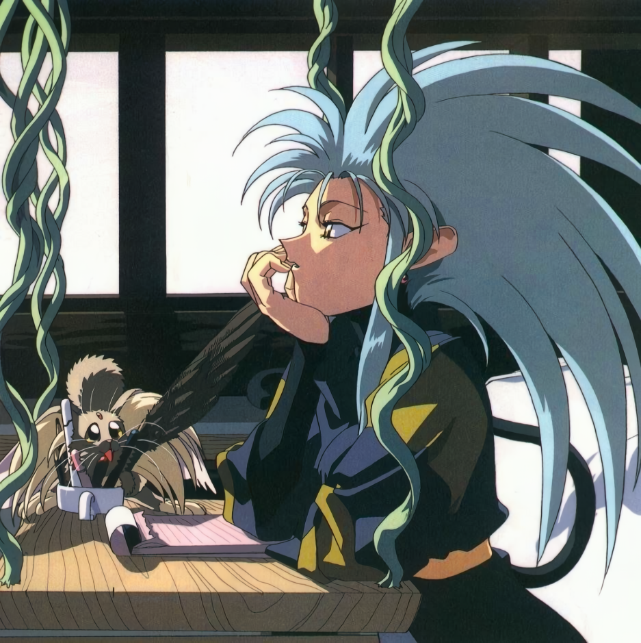 ryou-ouki, ryouko (tenchi muyou!), tenchi muyou!, non-web source, official art, 1990s (style), 1girl, cabbit, earrings, fake tail, green hair, head rest, indoors, jewelry, layered sleeves, long hair, long sleeves, notebook, pen, plant, profile, retro artstyle, sitting, solo, spiked hair, table, tail, turtleneck, vines, yellow eyes