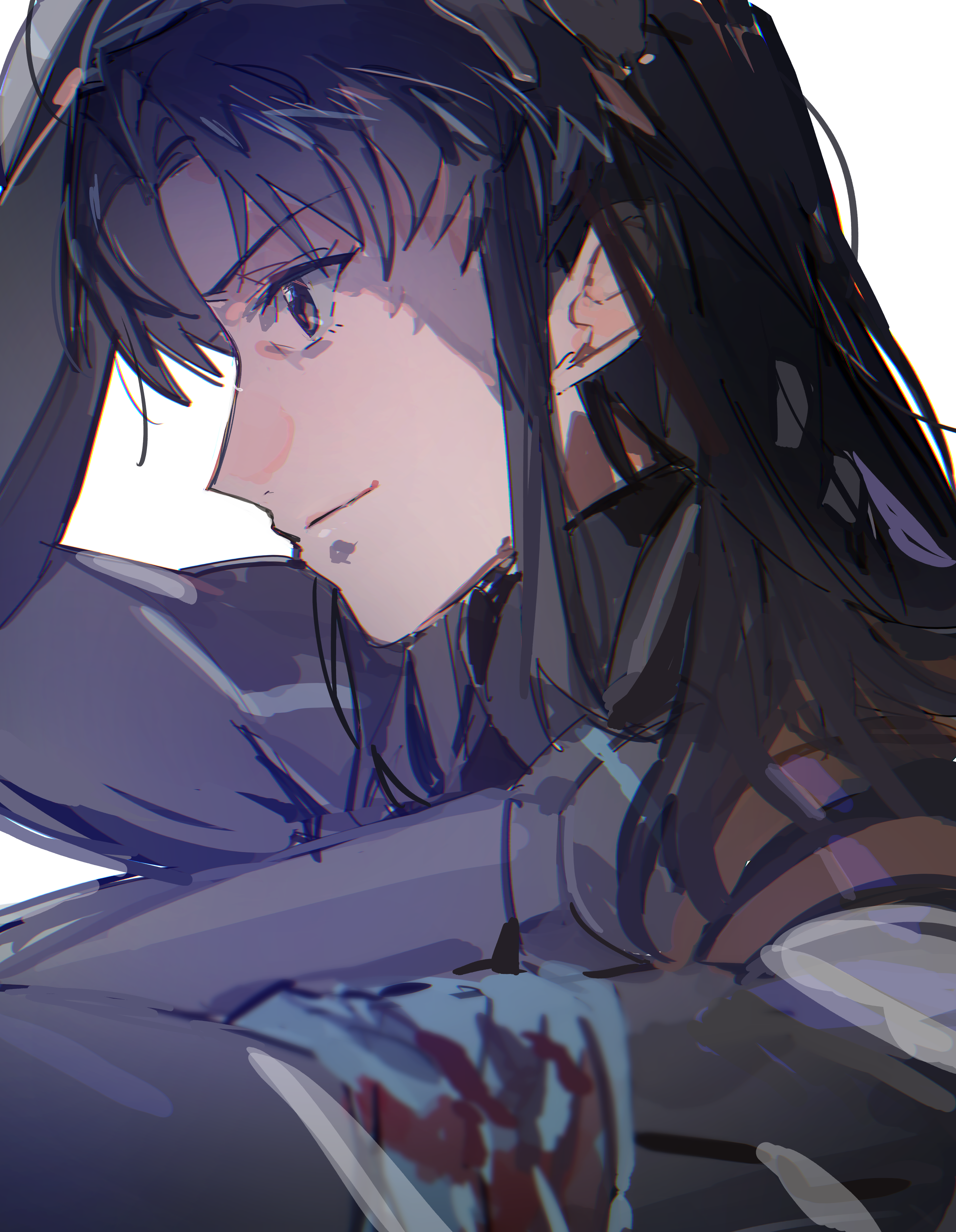 biiko (king1015g), katsuragi misato, evangelion: 3.0+1.0 thrice upon a time, neon genesis evangelion, rebuild of evangelion, absurdres, commentary request, highres, 1girl, arm up, bandaged arm, bandages, black bodysuit, black hair, blood, bodysuit, brown eyes, closed mouth, curtained hair, from side, injury, long hair, mecha pilot suit, plugsuit (evangelion), profile, sidelocks, smile, solo, upper body, white background