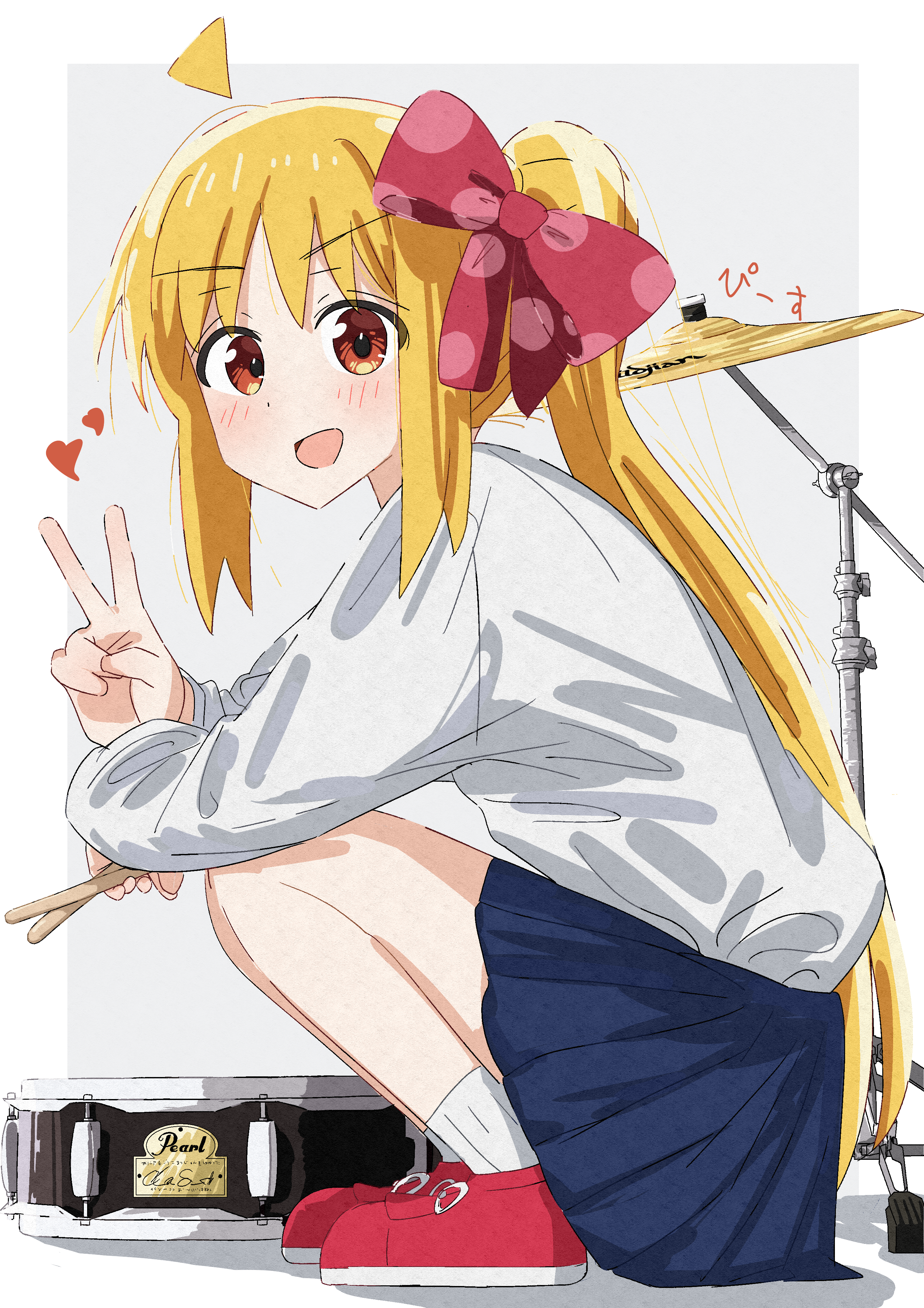 ijichi nijika, bocchi the rock!, absurdres, artist request, commentary request, highres, 1girl, ahoge, blonde hair, blue skirt, bow, brown eyes, cymbals, drum, drumsticks, full body, heart, instrument, long hair, long sleeves, looking at viewer, looking to the side, miniskirt, open mouth, paper texture, pleated skirt, polka dot, polka dot bow, red bow, red shoes, school uniform, shirt, shoes, side ponytail, skirt, sneakers, solo, squatting, v, white background, white shirt