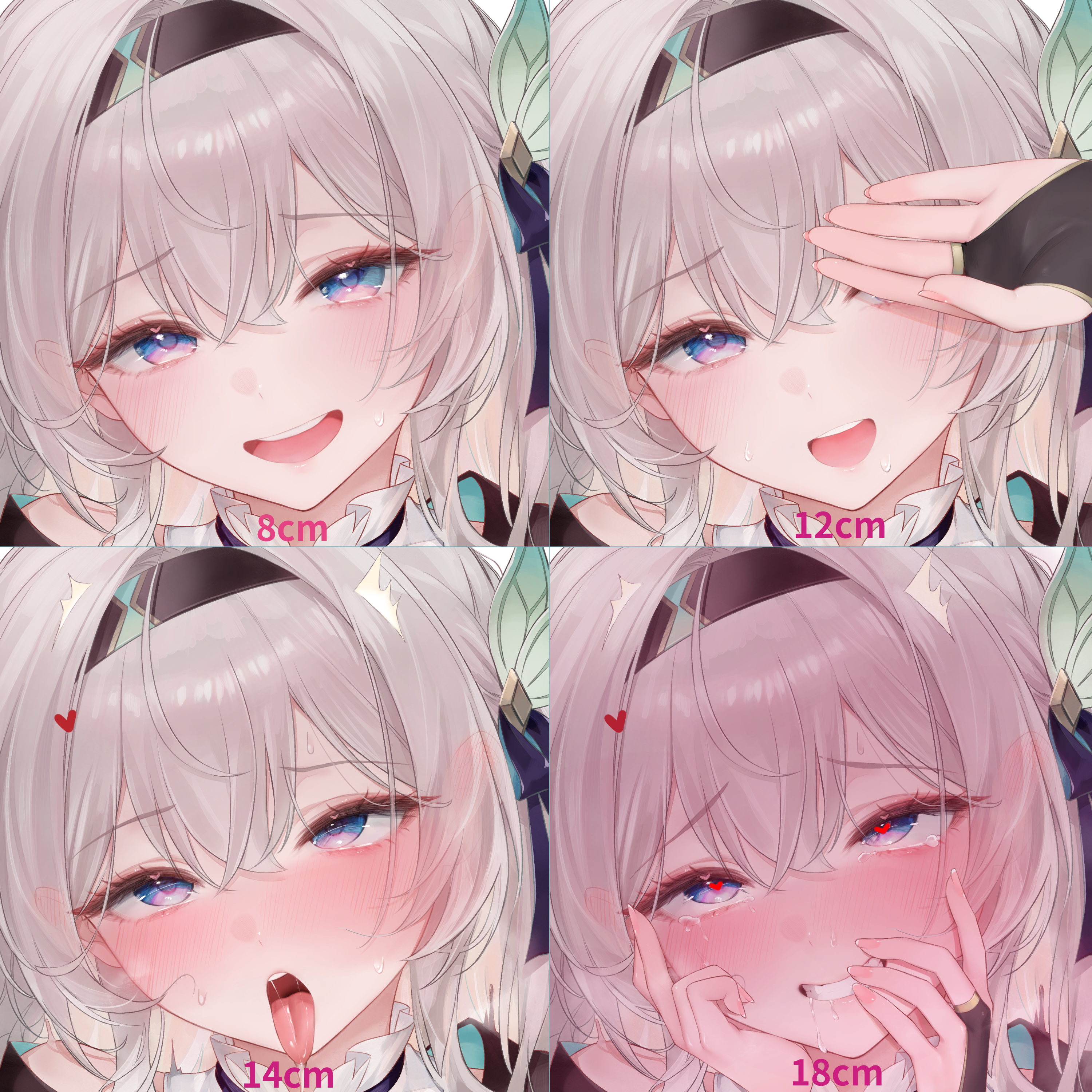 harin 05, firefly (honkai: star rail), honkai: star rail, honkai (series), absurdres, commentary request, highres, korean commentary, 1girl, ahegao, black hairband, blush, bridal gauntlets, covering one eye, ear blush, grey hair, hairband, hand on own cheek, hand on own face, heart, heart-shaped pupils, long hair, looking at viewer, measuring, multicolored eyes, open mouth, penis measuring, portrait, rolling eyes, smile, symbol-shaped pupils, tongue, tongue out, two-tone eyes