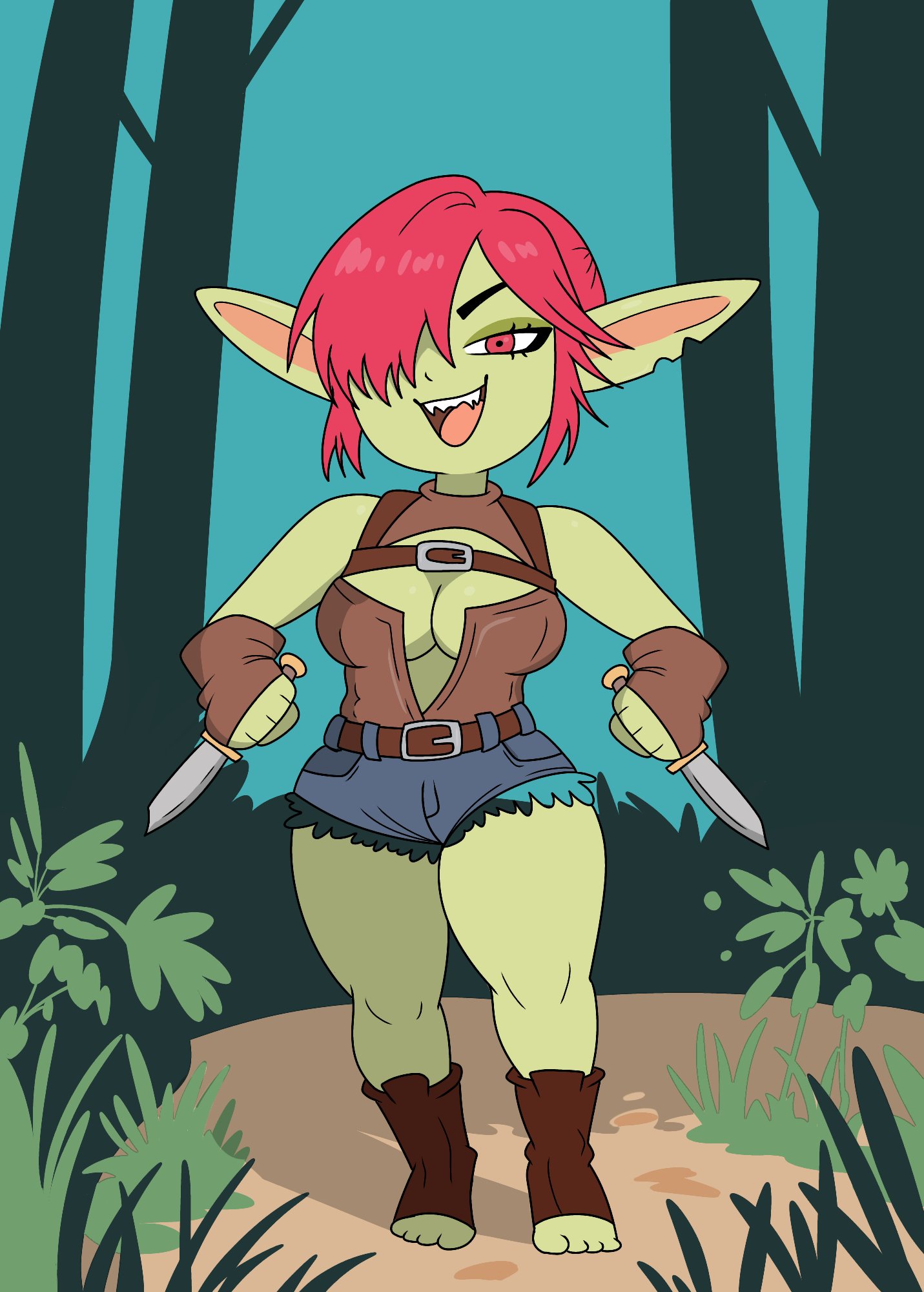 highres, fantasy, female goblin, forest, goblin, nature, theuncledoomer