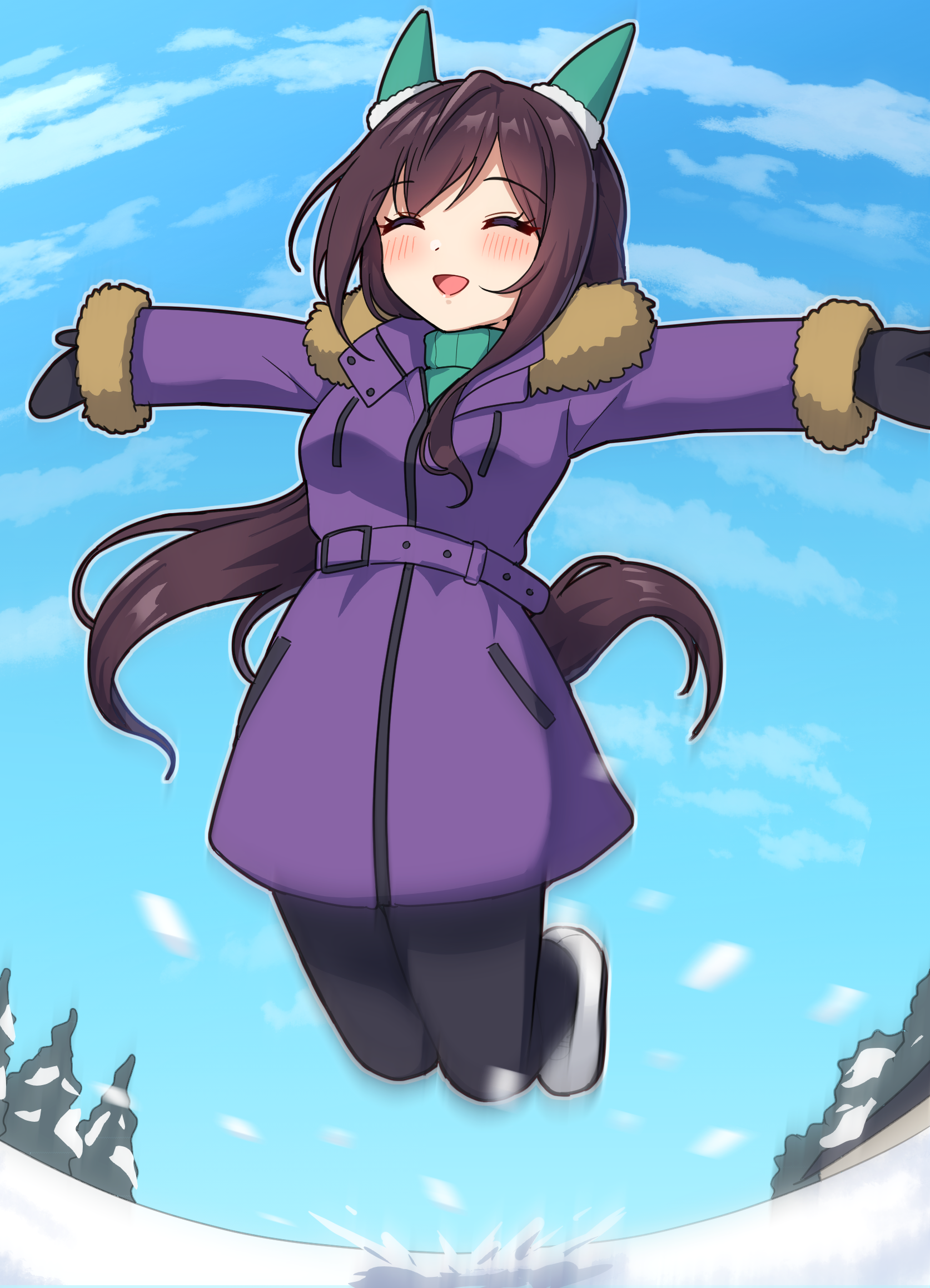 takiki, mejiro dober (umamusume), umamusume, commentary request, highres, 1girl, ^ ^, animal ears, blue sky, brown hair, closed eyes, cloud, coat, day, happy, horse ears, horse girl, horse tail, jumping, long hair, long sleeves, open mouth, outdoors, outstretched arms, purple coat, sky, smile, snow, tail